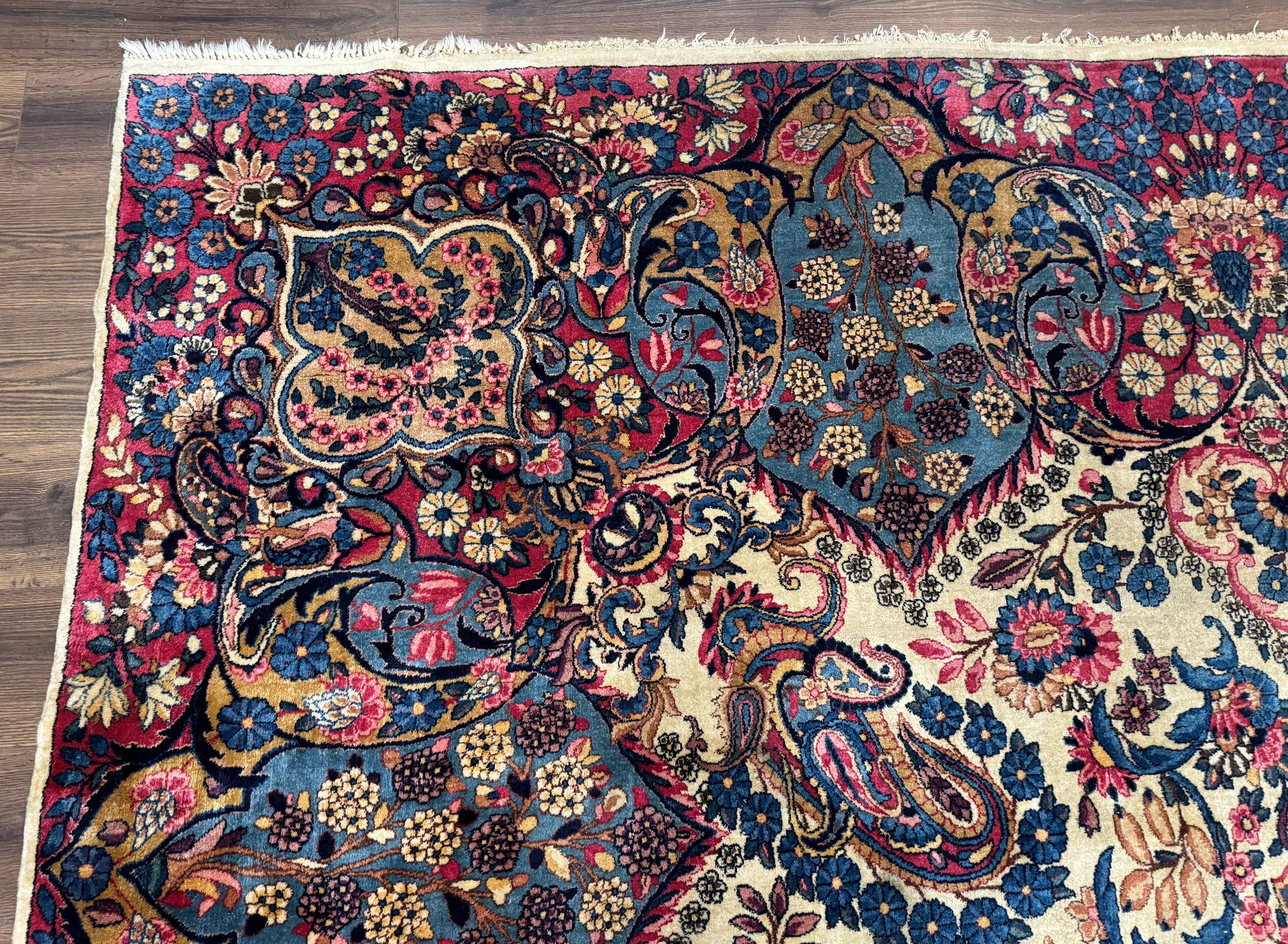 Wonderful Persian Kerman Rug 11x16, Rare Antique Palace Size Persian Carpet, Cream Blue Red, Colorful - Jewel Rugs