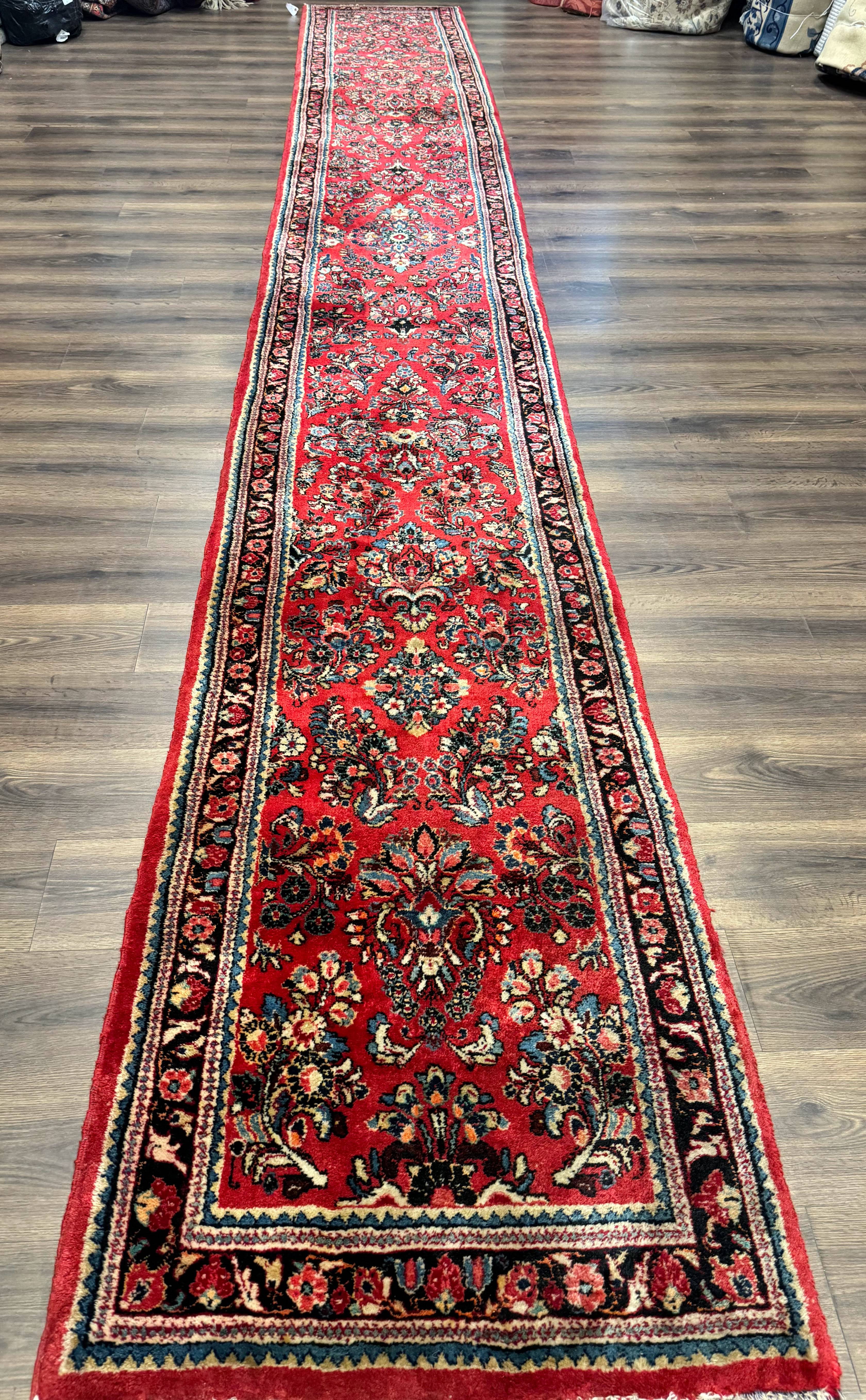 Long Persian Sarouk Runner Rug 2.9 x 21, Rare Size for Long Hallway, Wool, Vintage, Floral, Red - Jewel Rugs