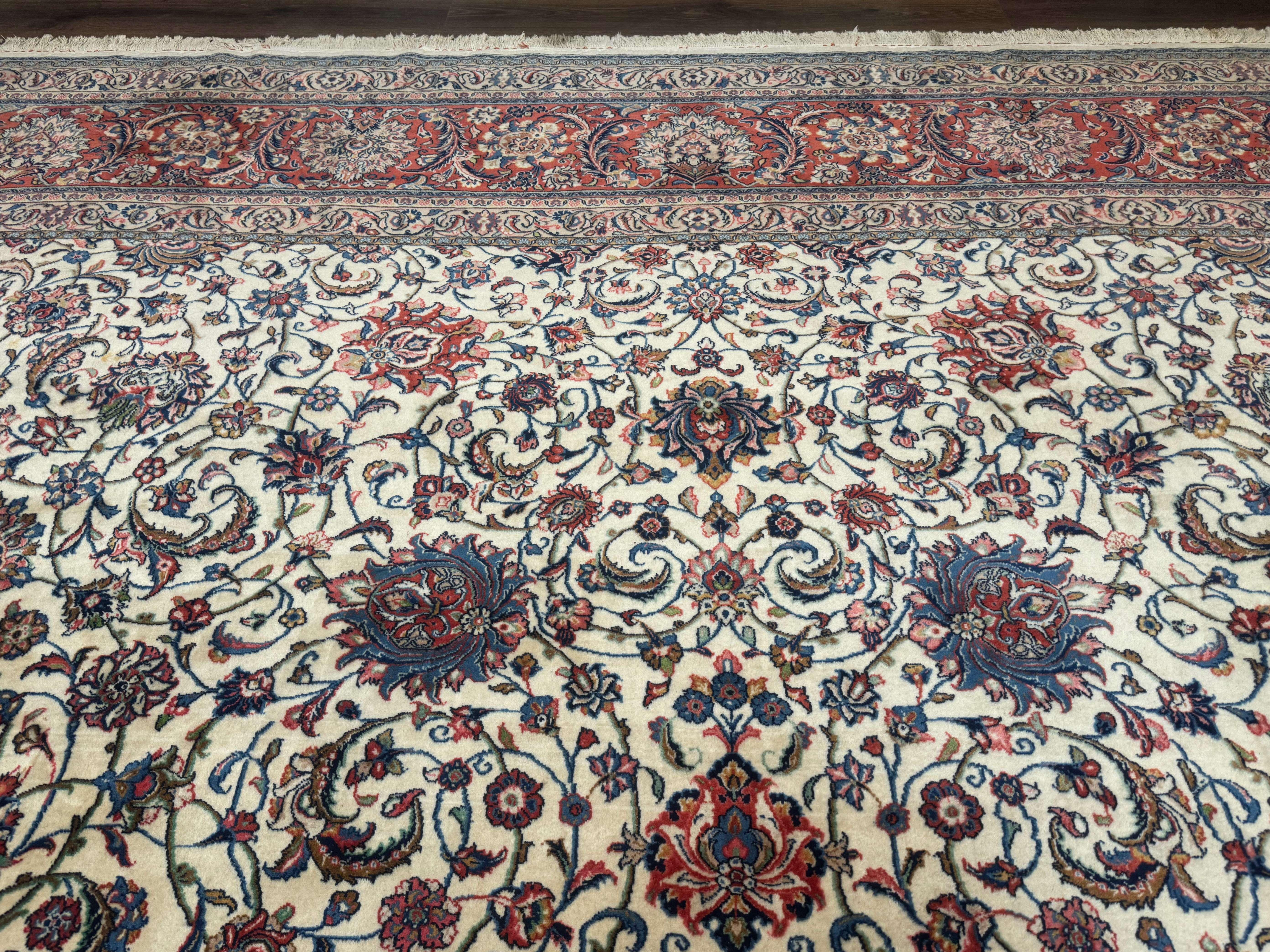 Ivory Persian Sarouk Rug 13x20, Palace Size Carpet, 225 KPSI, Traditional Wool Handmade Vintage Extra Large Rug 13 x 20 ft, Allover Pattern, - Jewel Rugs