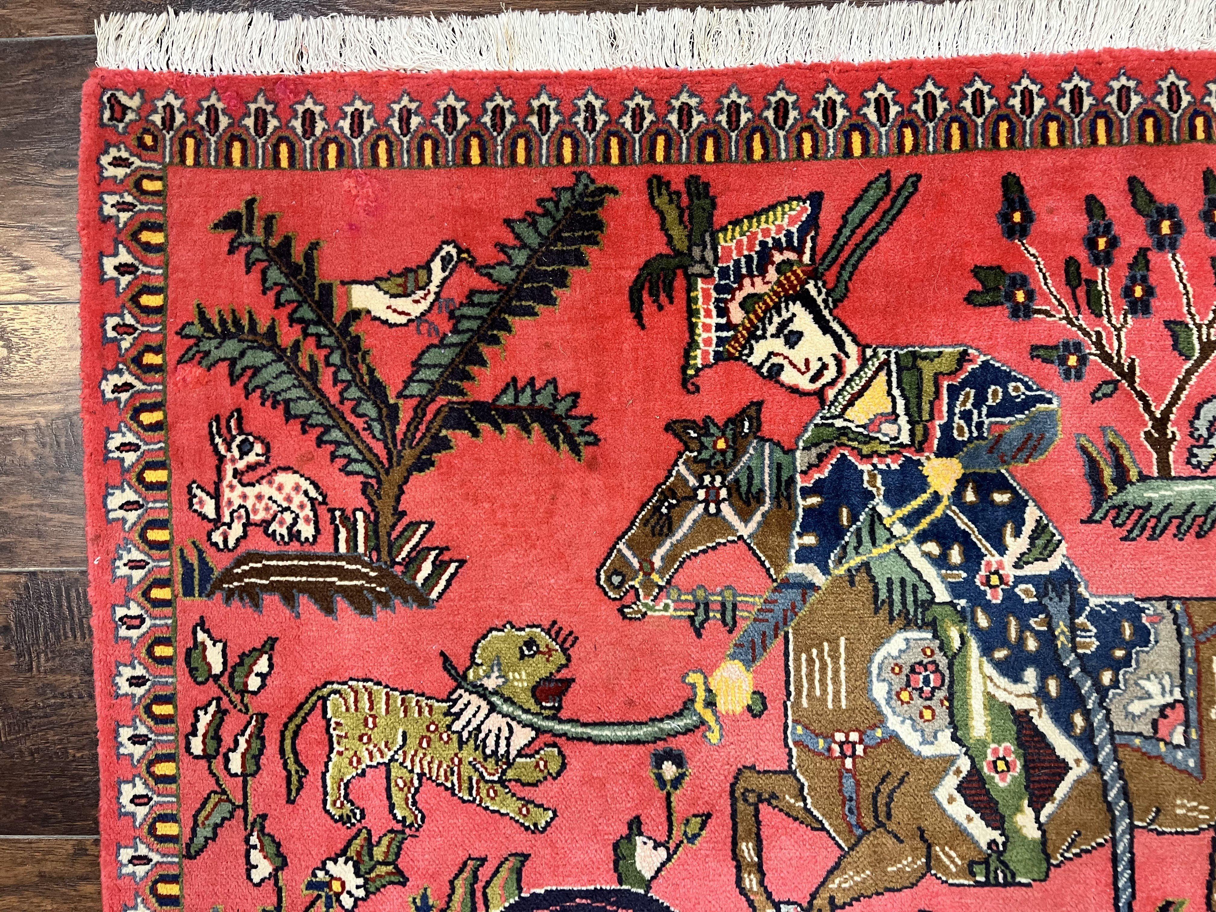 Persian Kashan Hunting Rug 4x3, Wool Hand-Knotted Vintage Carpet, Semi Antique Pictoral Rug, Red, Horsemen Lion Animal Pictorials - Jewel Rugs