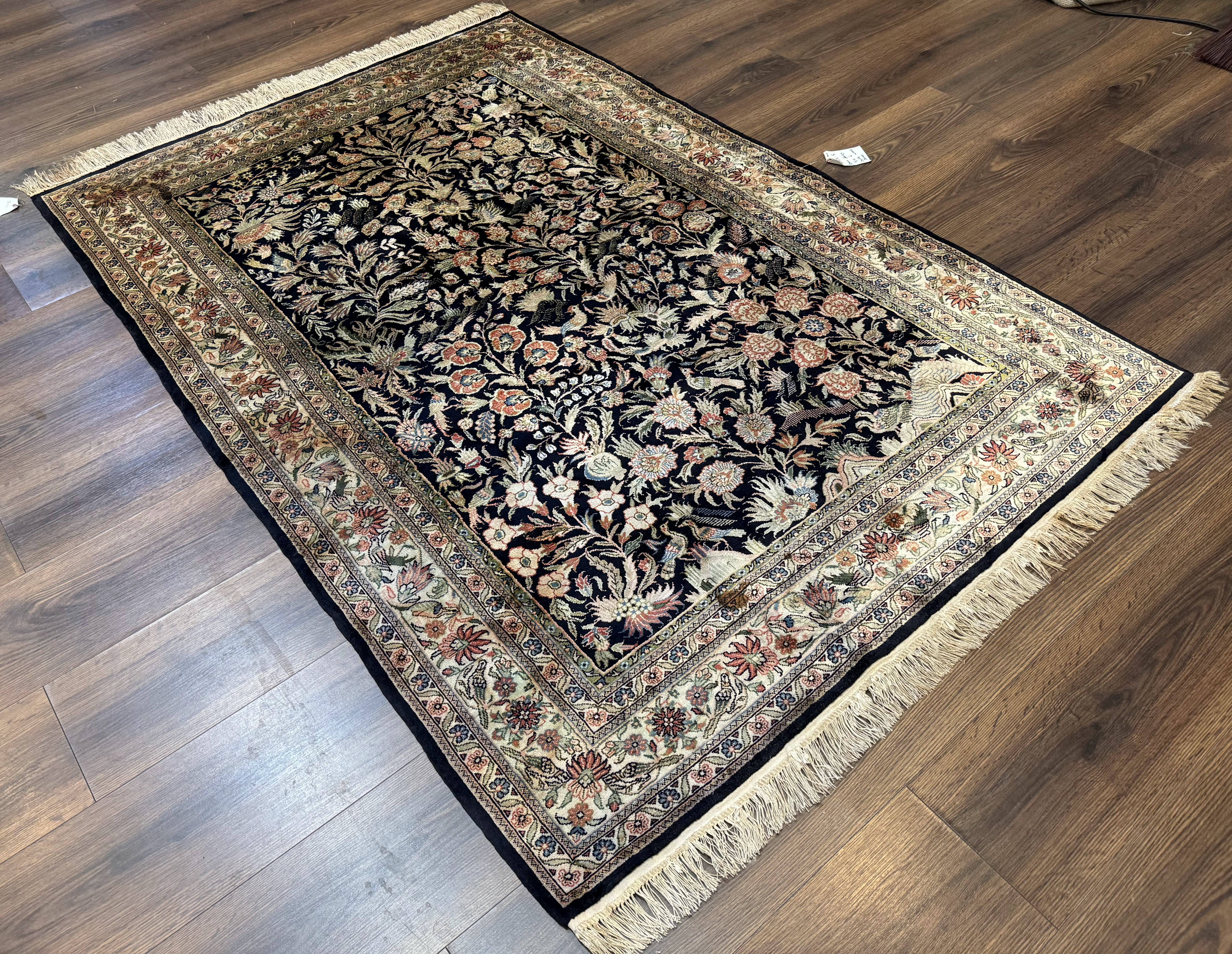 Silk Rug 4x6, Black and Cream, Floral & Bird Pictorials, Fine 330 KPSI, Sino Persian Rug - Jewel Rugs