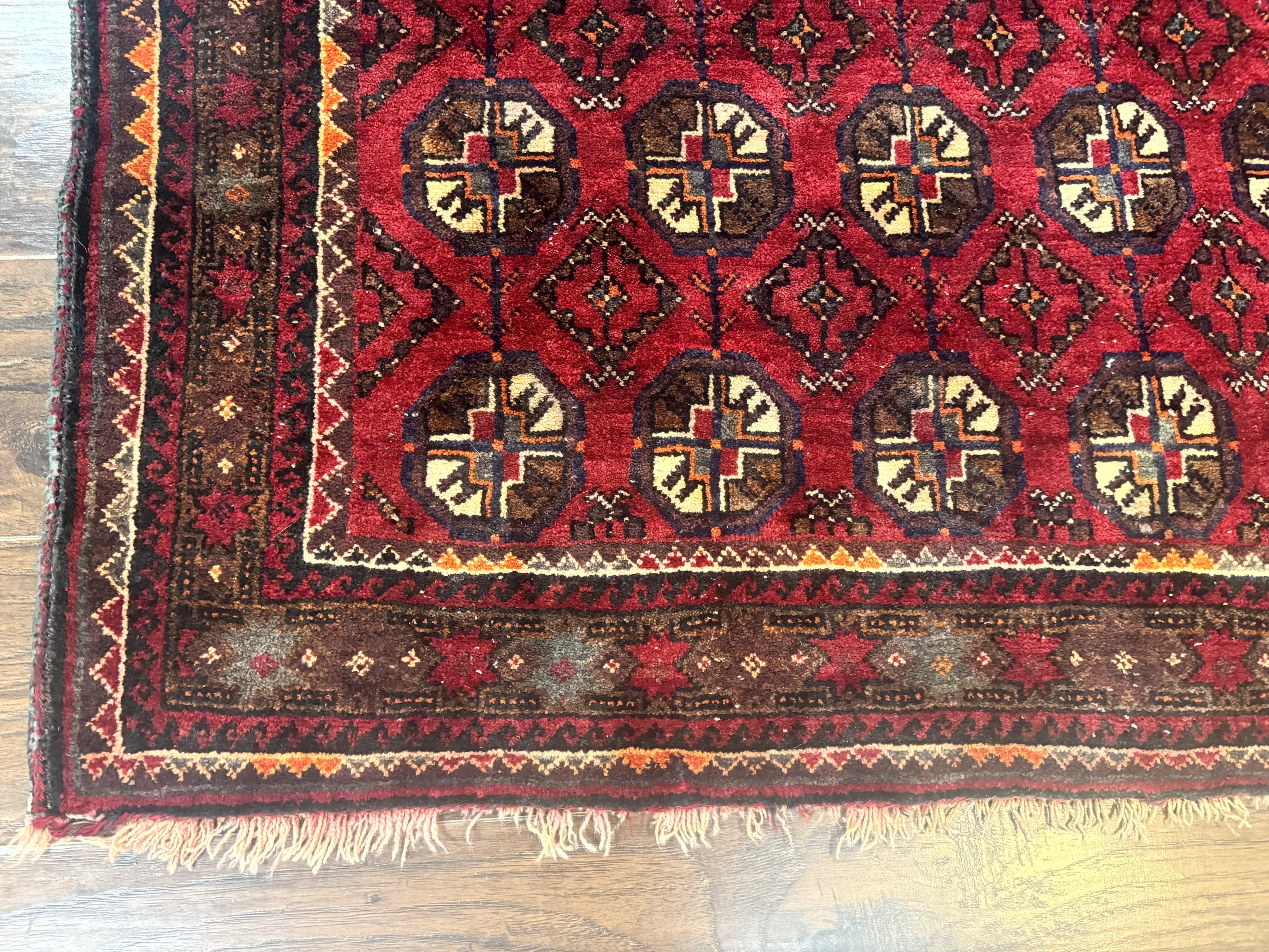 Persian Turkoman Tribal Rug 4x8, Handmade Vintage Wool Carpet, Red, Bohemian Rug - Jewel Rugs