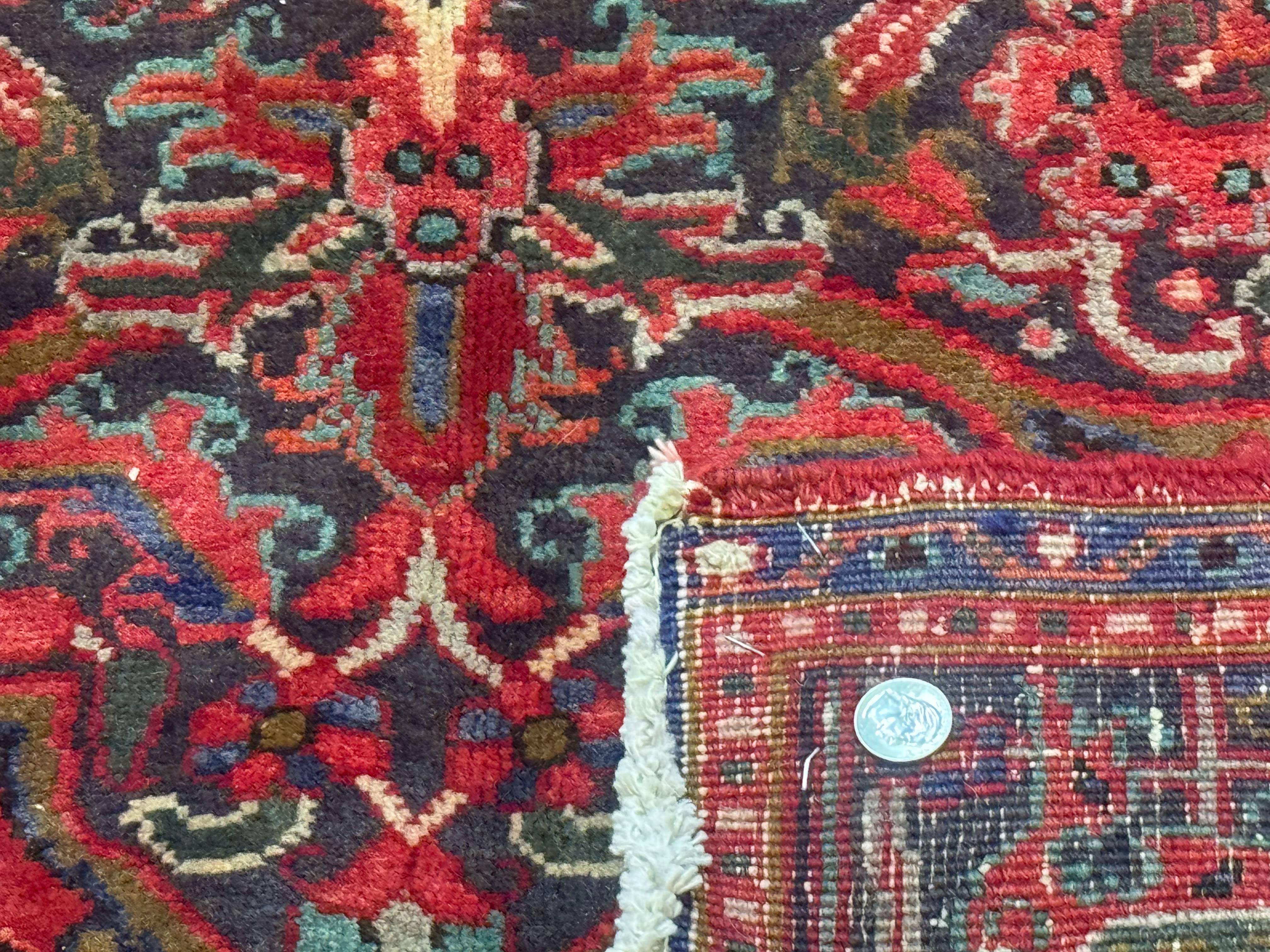 Persian Heriz Rug 7x10, Red and Navy, Geometric Medallion, Vintage Wool Carpet - Jewel Rugs