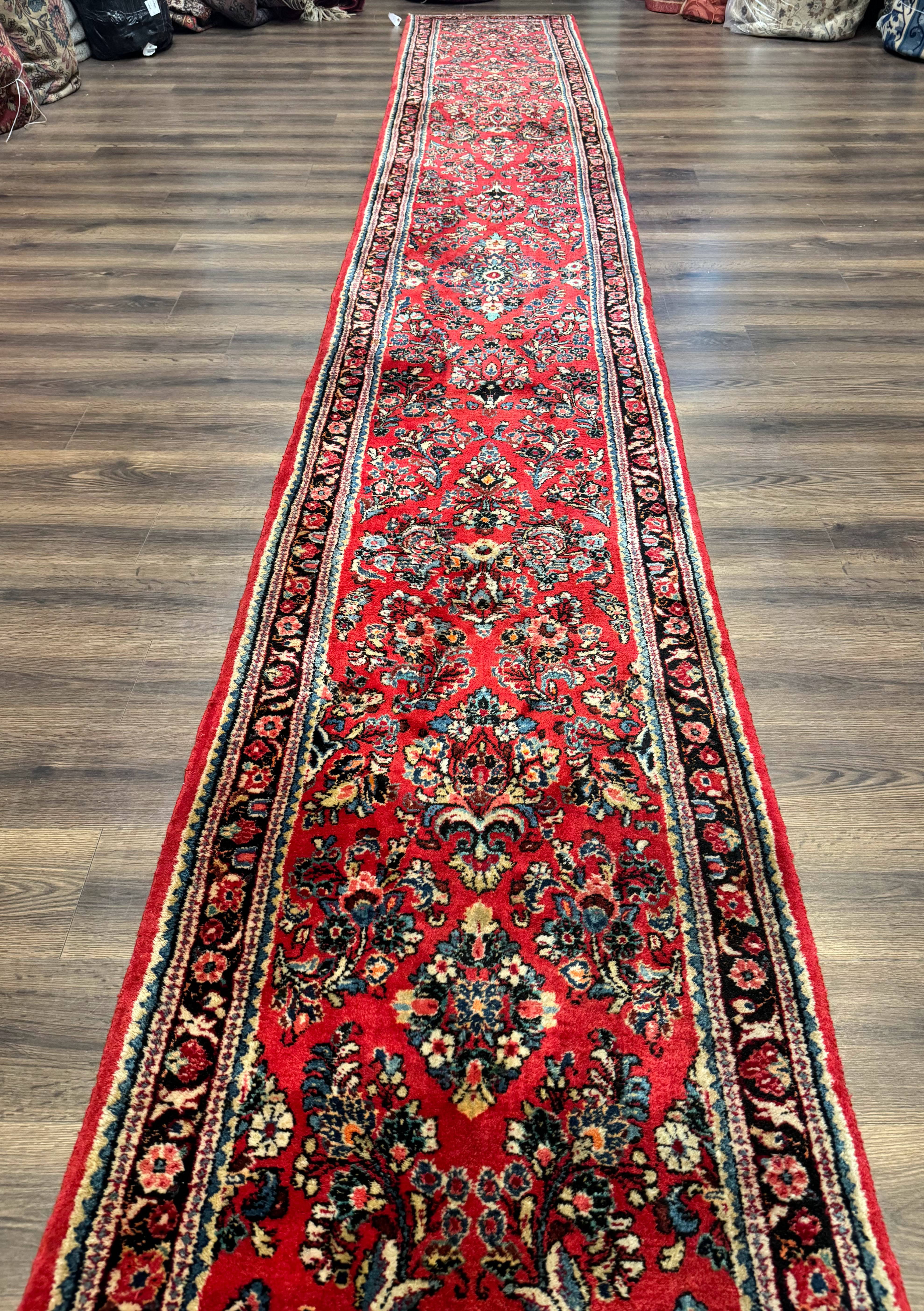Long Persian Sarouk Runner Rug 2.9 x 21, Rare Size for Long Hallway, Wool, Vintage, Floral, Red - Jewel Rugs