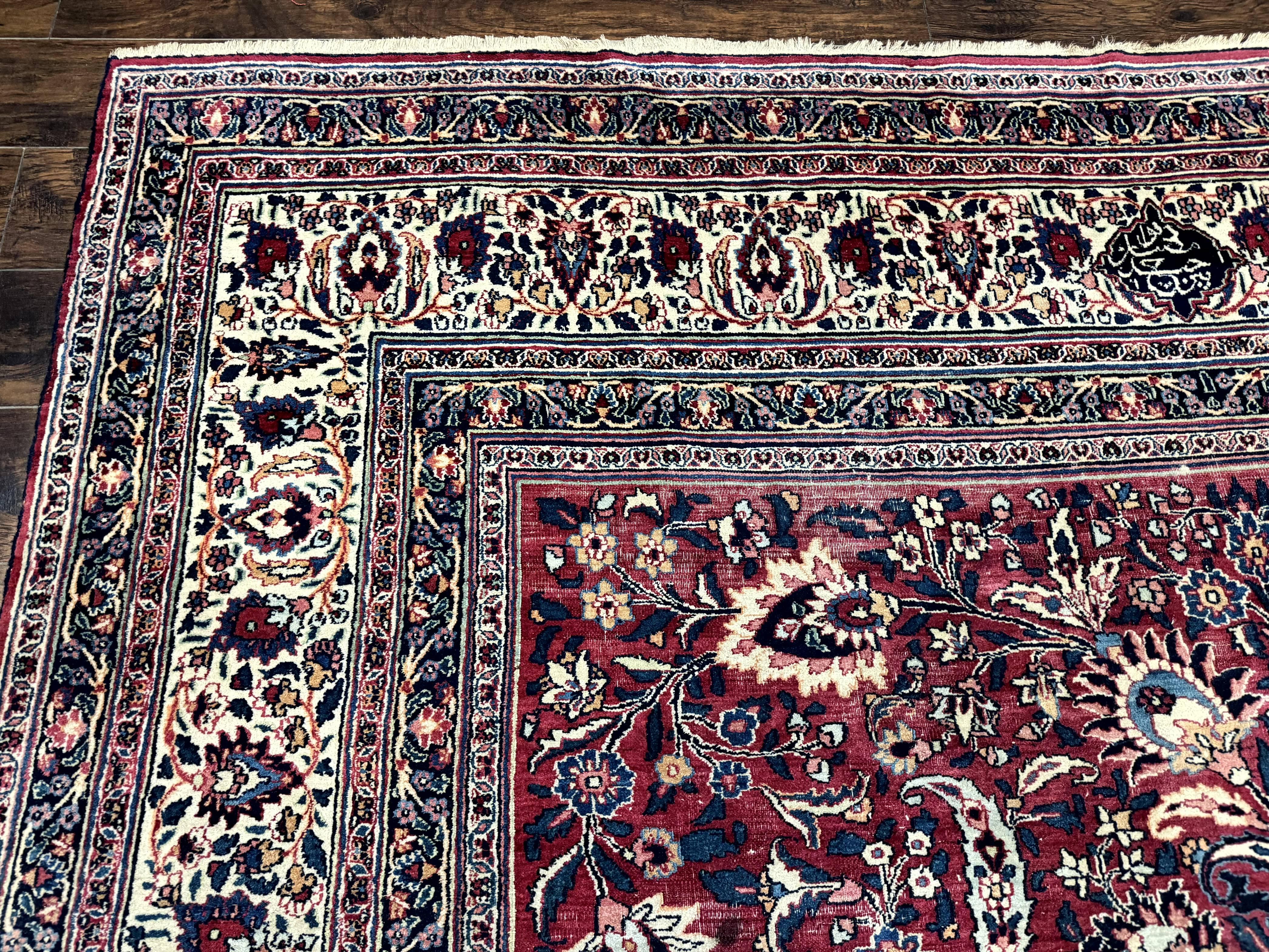 Antique Persian Mashad Rug 10x12, Red and Ivory, Signed by Master Weaver - Jewel Rugs