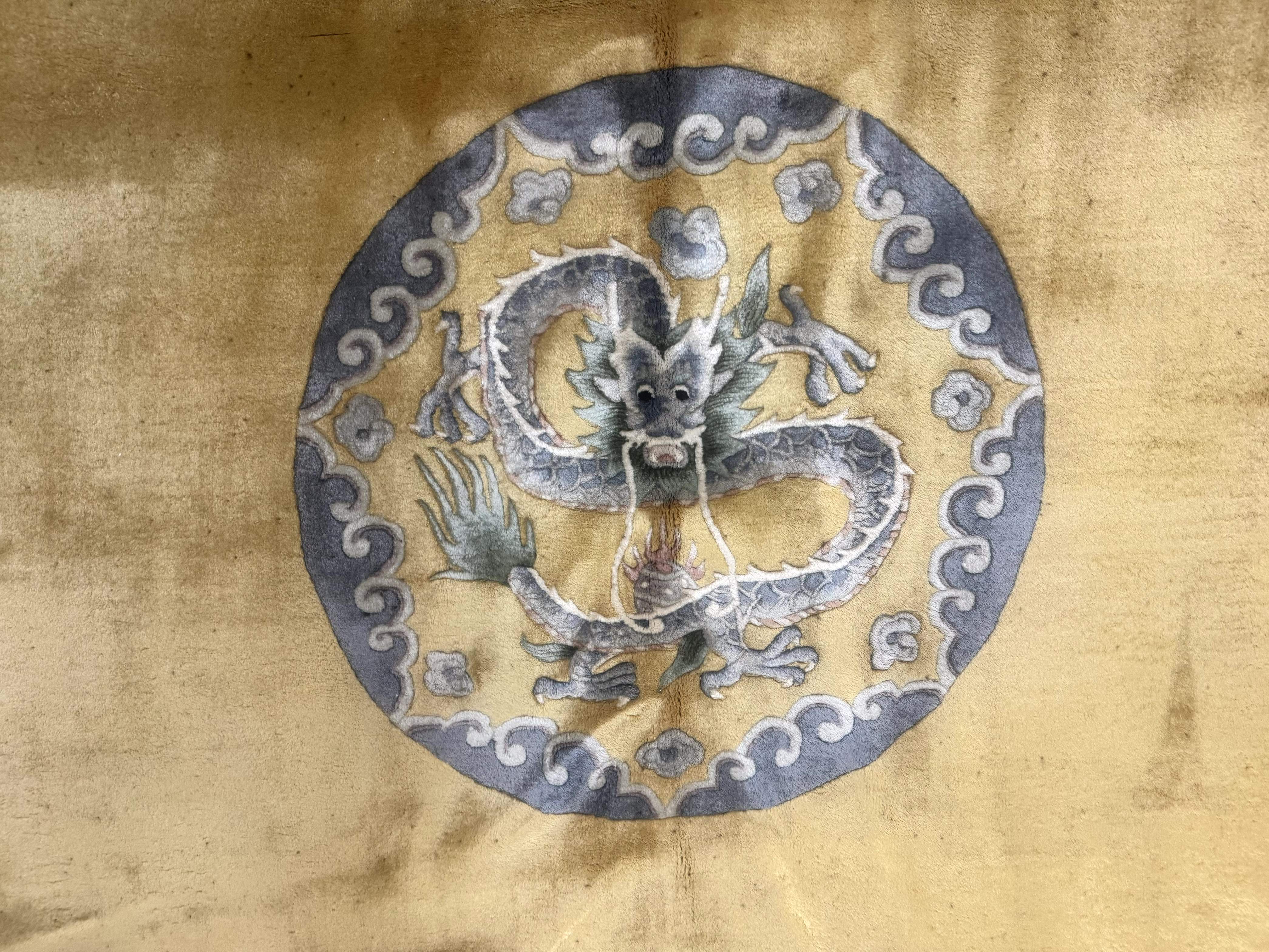 Chinese Wool Rug 9x12, Dragons and Center Medallion, Minimalistic Design, Gold and Light Blue, Peking Rug, 90 Line - Jewel Rugs