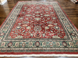 Indo Persian Rug 9x12, Wool Hand Knotted Vintage Carpet, Red & Green, Floral Allover 9 x 12 Room Sized Oriental Rug