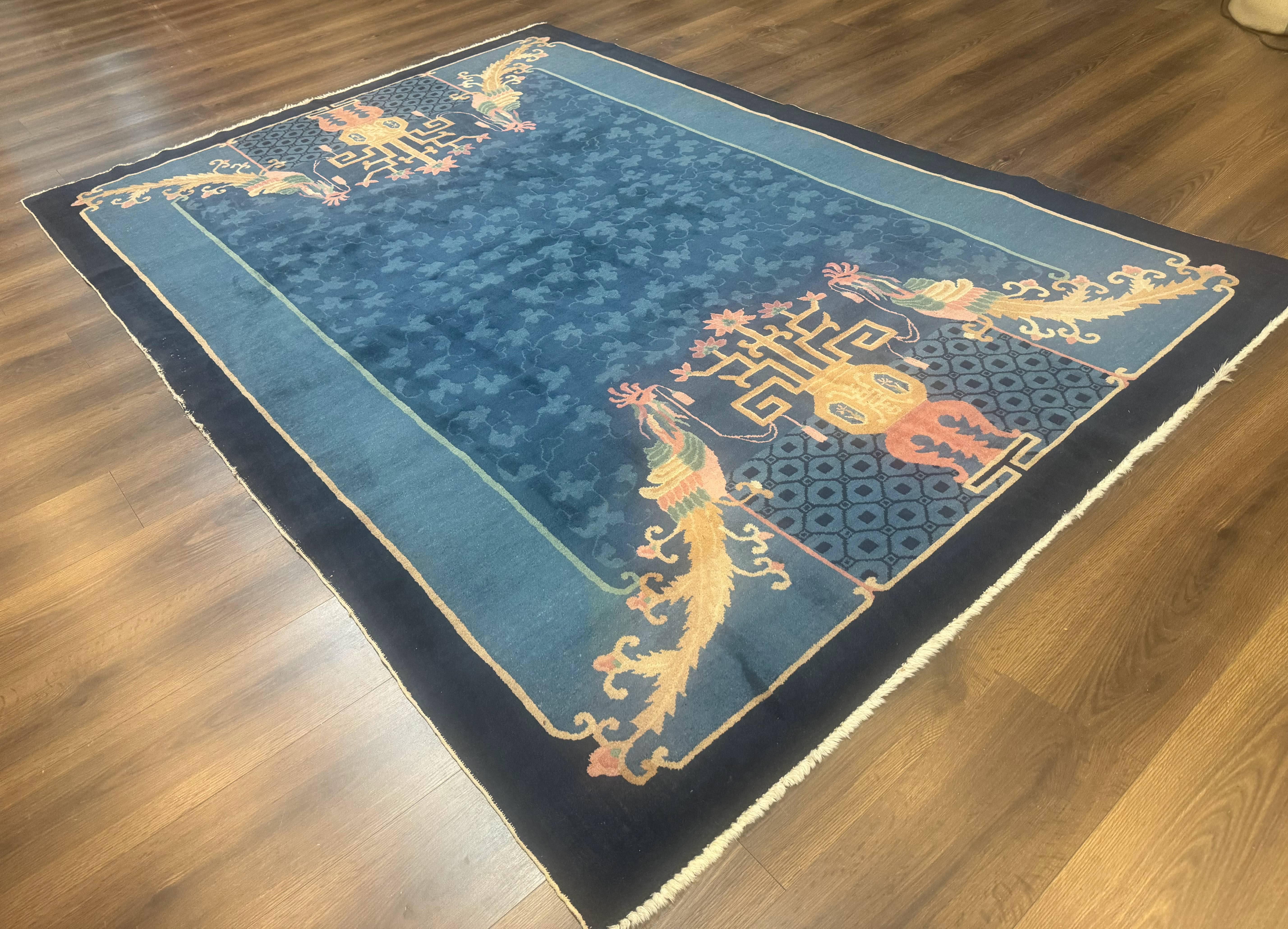 Blue Chinese Wool Rug 6x9, Chinese Peking Rug, Peacocks and Vases, Vintage Carpet - Jewel Rugs