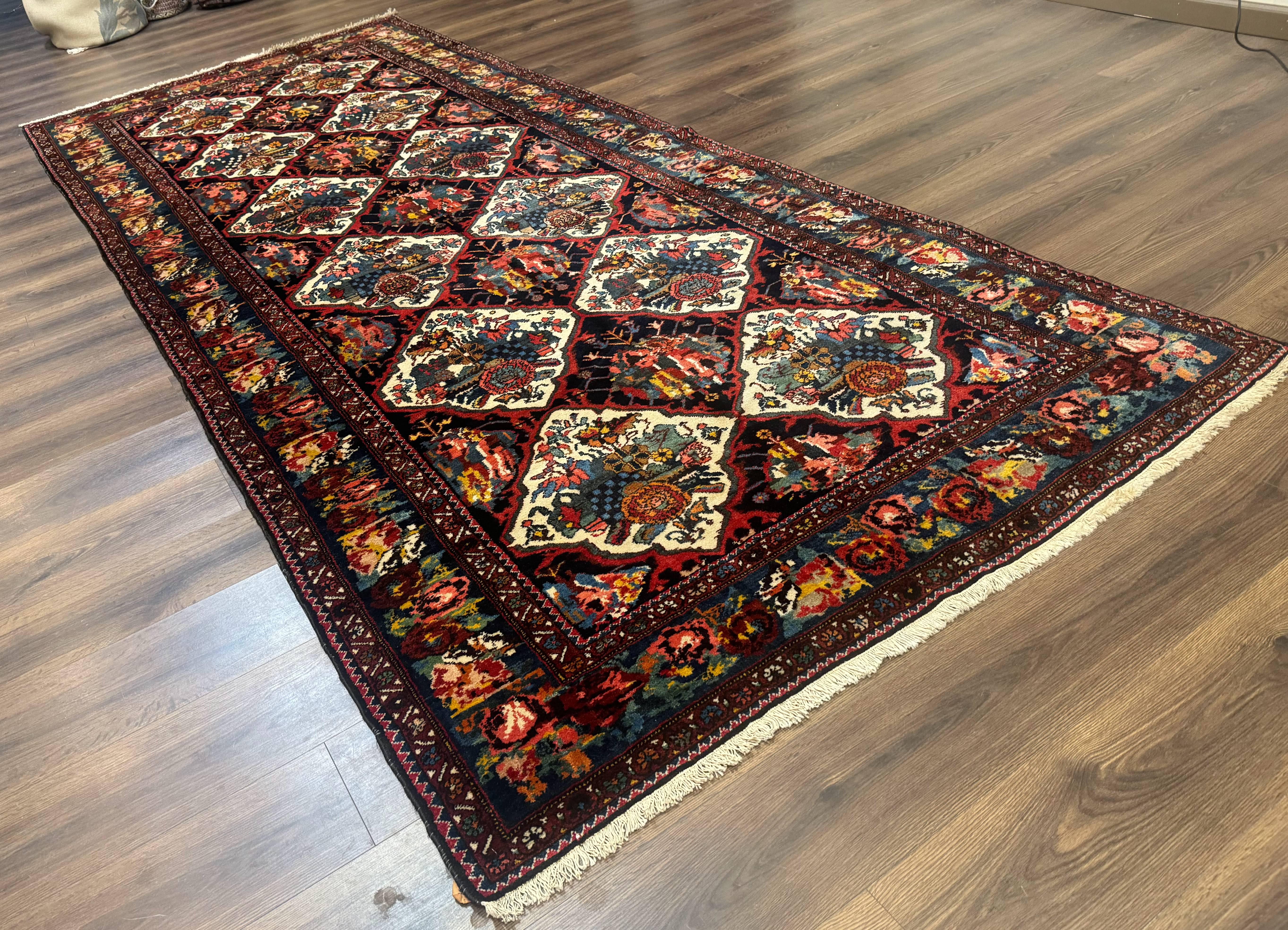 Persian Bakhtiari Rug 5x12, Wide Runner Rug, Unique Size, Multicolor Panel Design, Navy Blue Ivory, Antique Persian Rug, Colorful - Jewel Rugs