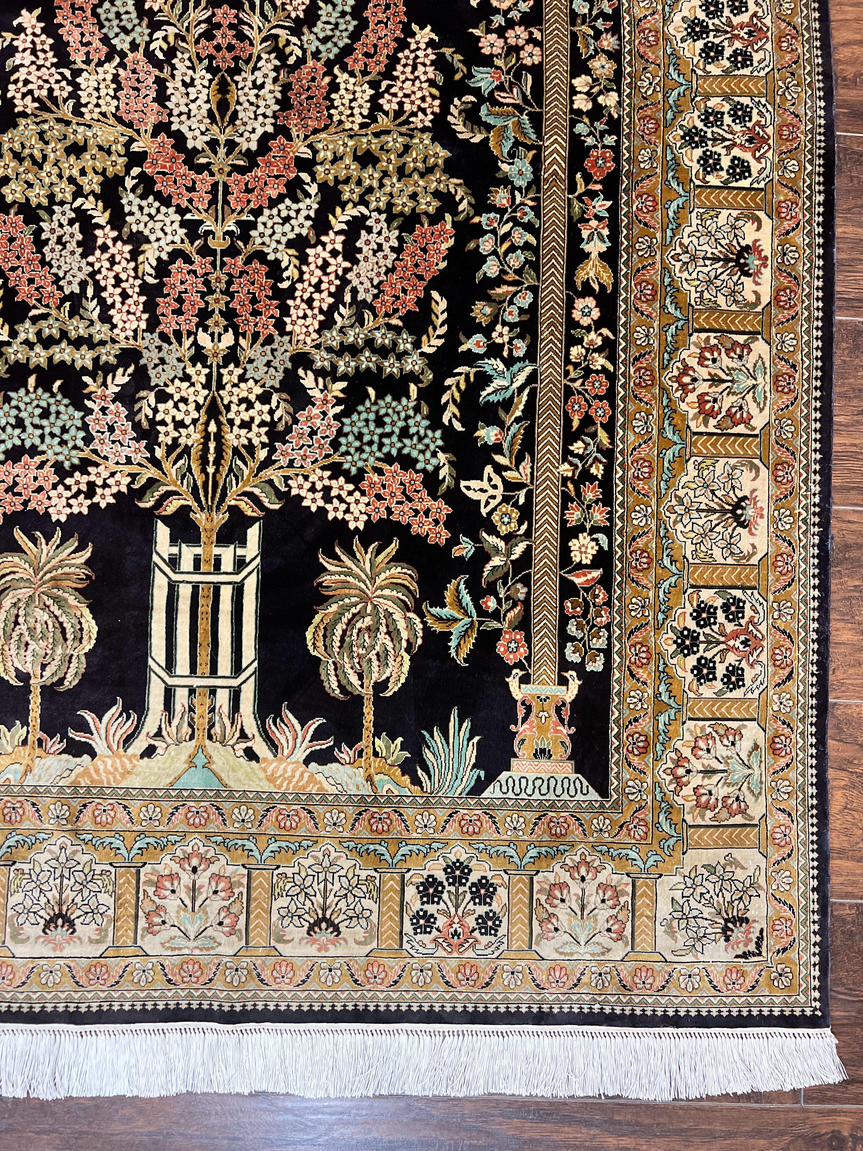 Wonderful Sino Persian Silk Rug 4x6, Tree of LIfe Design, Masterpiece 575 KPSI, Birds, Prayer Rug, Black, Silk on Silk - Jewel Rugs