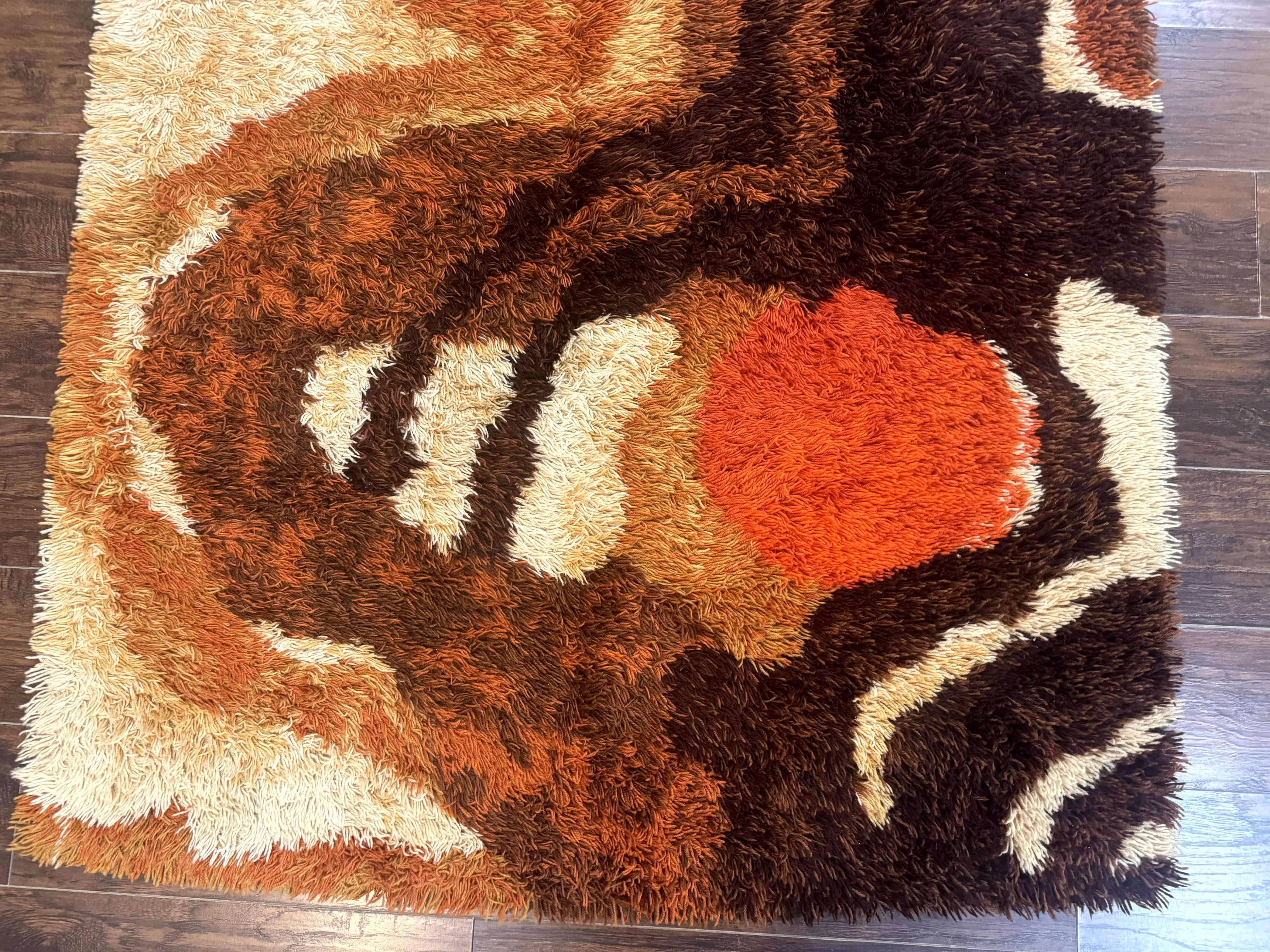 Danish Rya Shag Rug, Mid Century Modern Vintage Retro Abstract Carpet, 5x6, Shades of Brown Cream and Orange - Jewel Rugs