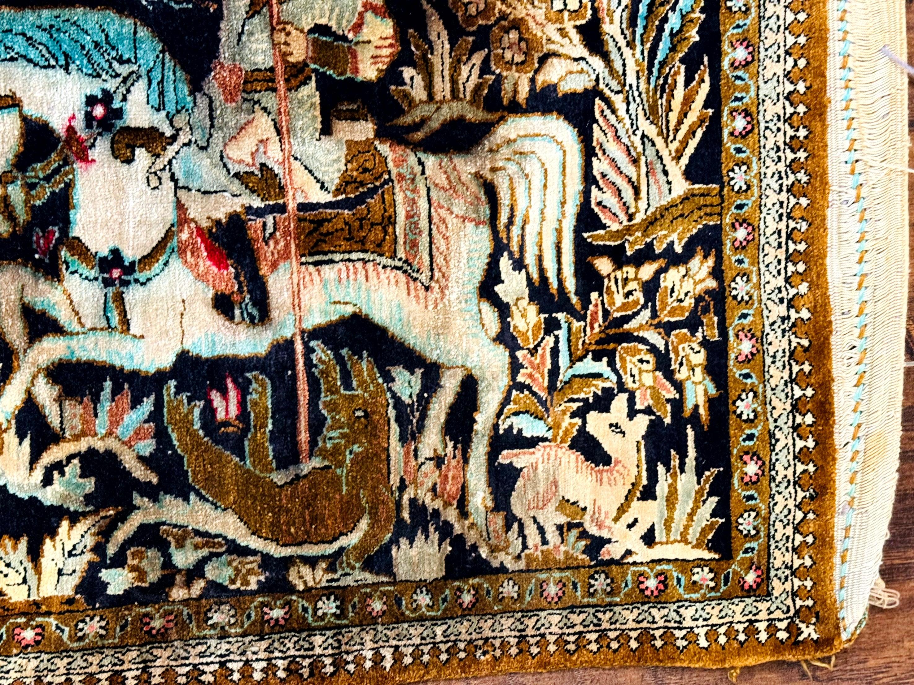 Persian Silk Qum Hunting Design Rug 2x3, Hunting Pattern, Horsemen, Silk on Silk, 330 KPSI - Jewel Rugs