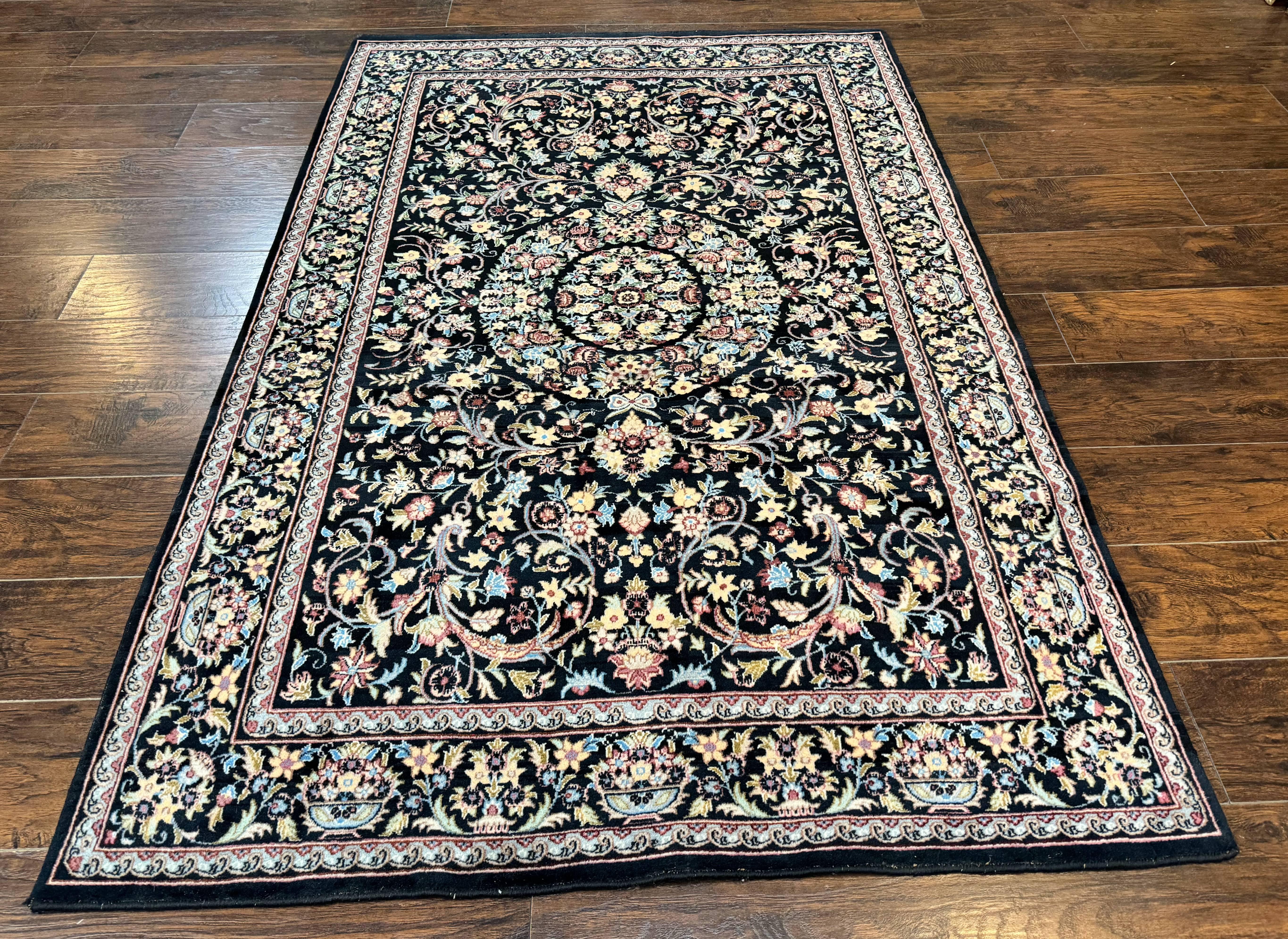 Pak Persian Rug 5x7, Floral, Colorful, Handmade Vintage Wool Rug, Finely Hand Knotted 225 KPSI, Black - Jewel Rugs