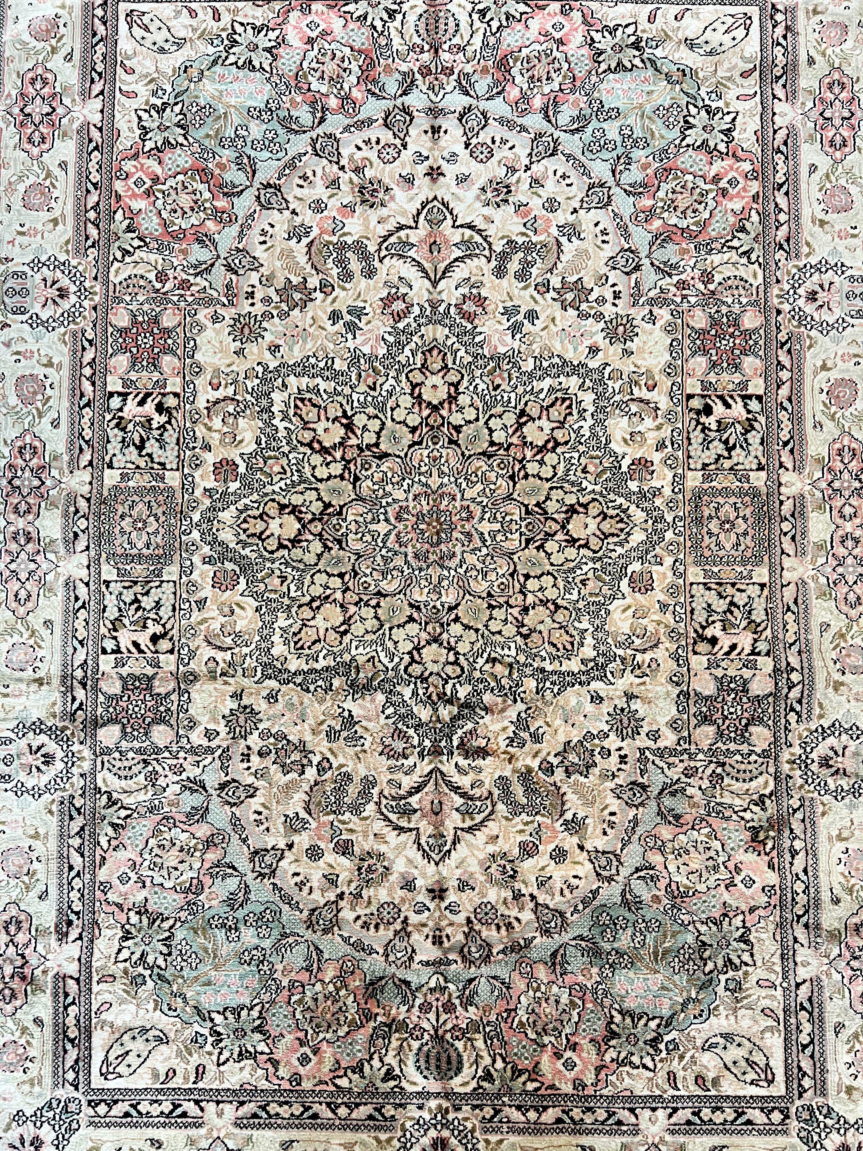 Silk Indian Kashmiri Rug 4x6, Handmade Vintage Silk Carpet, Ivory and Multicolor, Detailed Fine 240 KPSI - Jewel Rugs