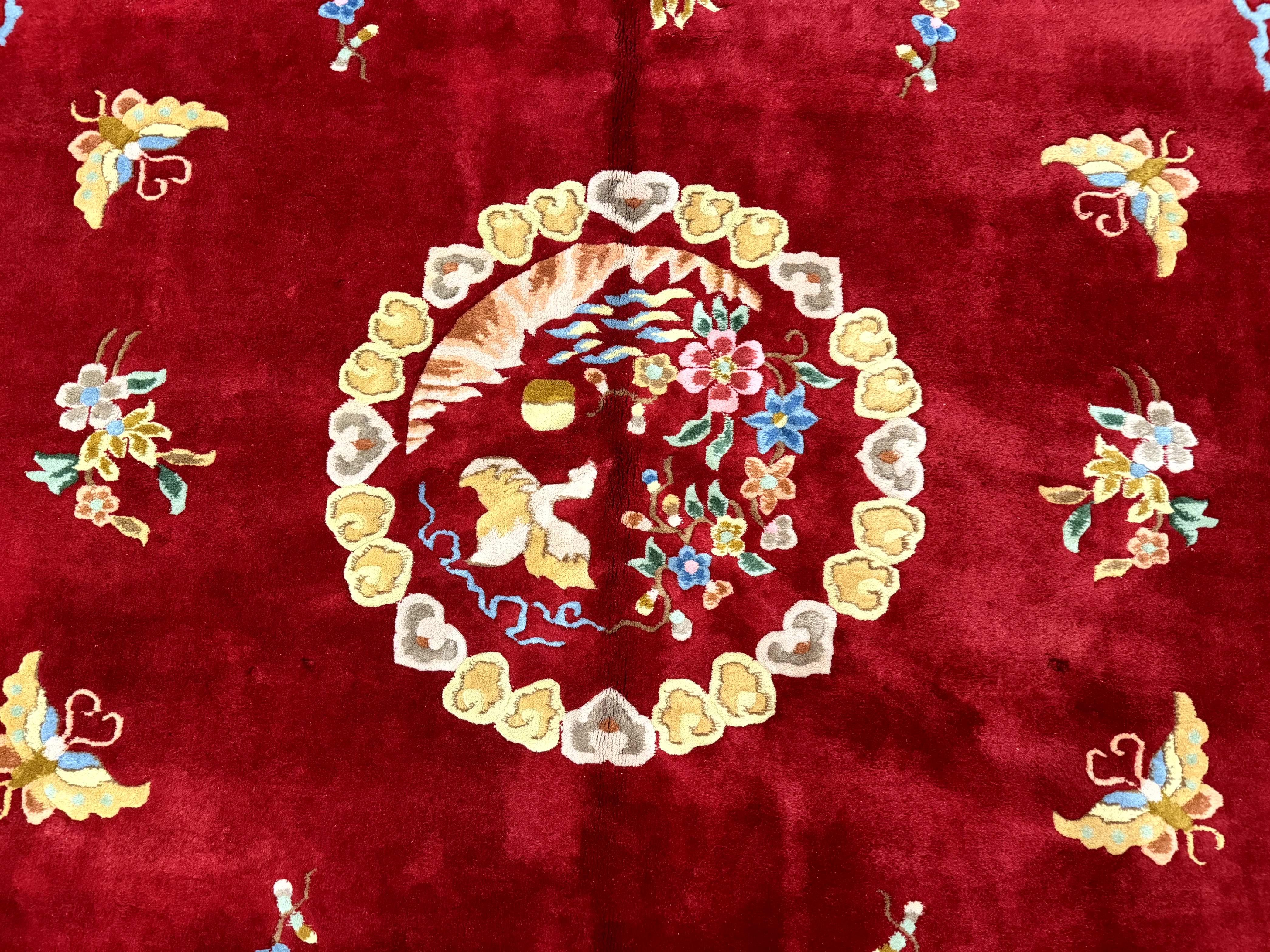 Indo Chinese Wool Rug 9x12, Red Art Deco Carpet, Vintage - Jewel Rugs