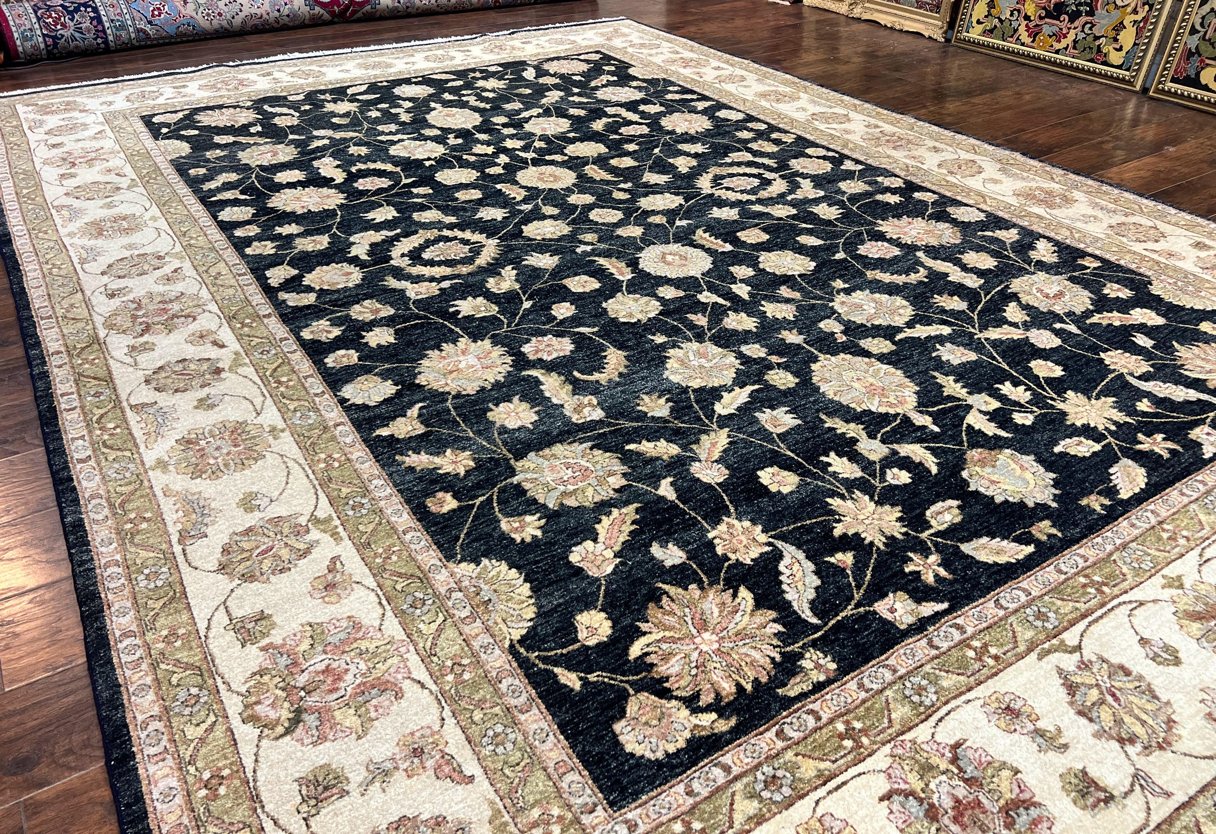 Indo Persian Rug 10x14, Charcoal and Beige, Floral Allover, Handmade Vintage Wool Carpet - Jewel Rugs