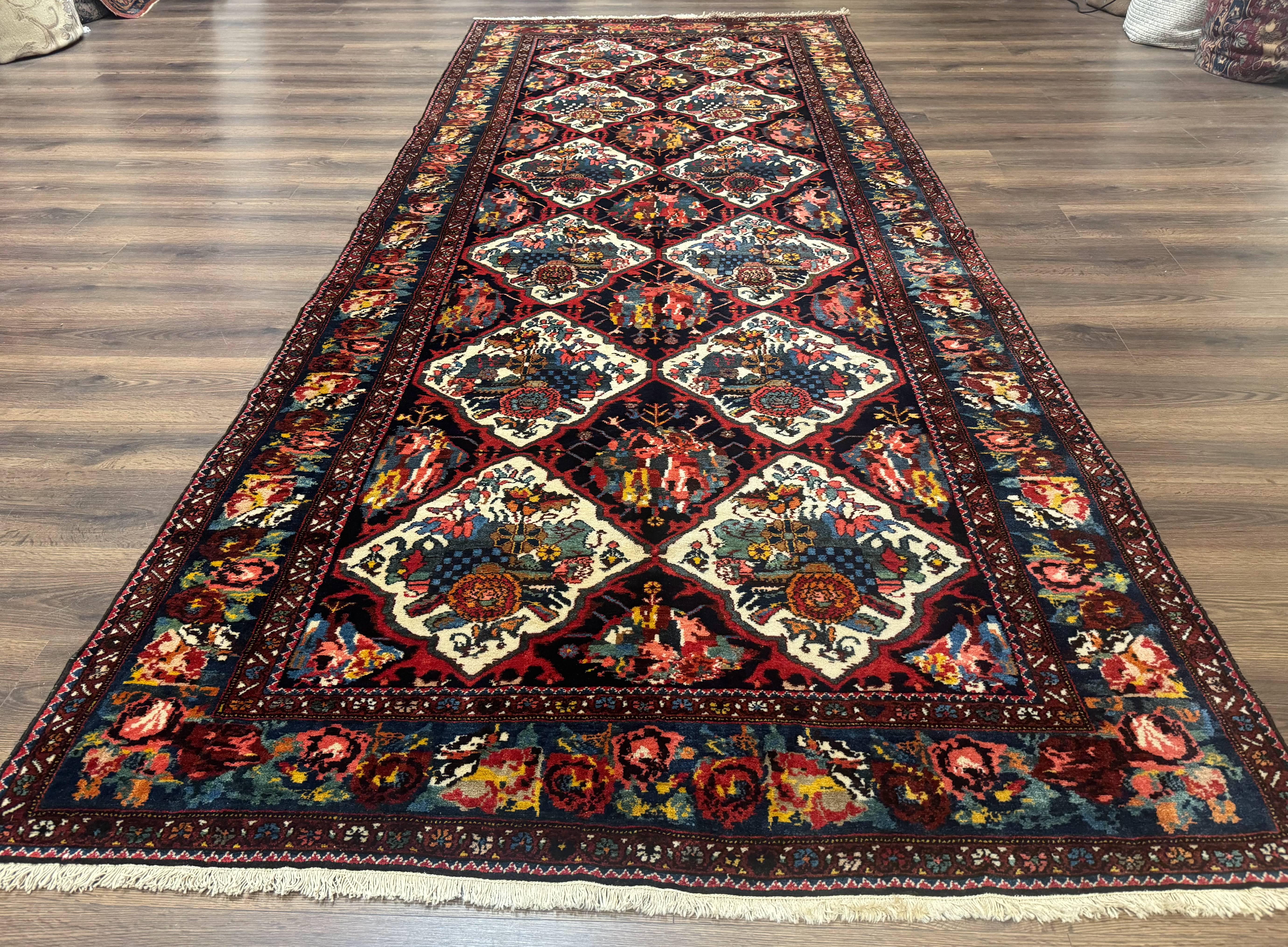 Persian Bakhtiari Rug 5x12, Wide Runner Rug, Unique Size, Multicolor Panel Design, Navy Blue Ivory, Antique Persian Rug, Colorful - Jewel Rugs