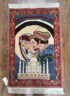 Vintage Small Pictorial Lovers Rug 2.5 x 4, Taj Mahal Indo Persian Rug, Wool Hand-Knotted Indian Rug, King & Queen, Layla and Majnun
