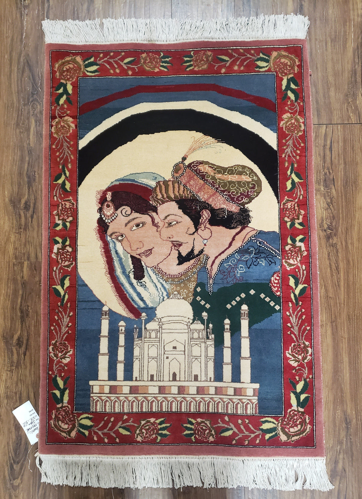 Vintage Small Pictorial Lovers Rug 2.5 x 4, Taj Mahal Indo Persian Rug, Wool Hand-Knotted Indian Rug, King & Queen, Layla and Majnun