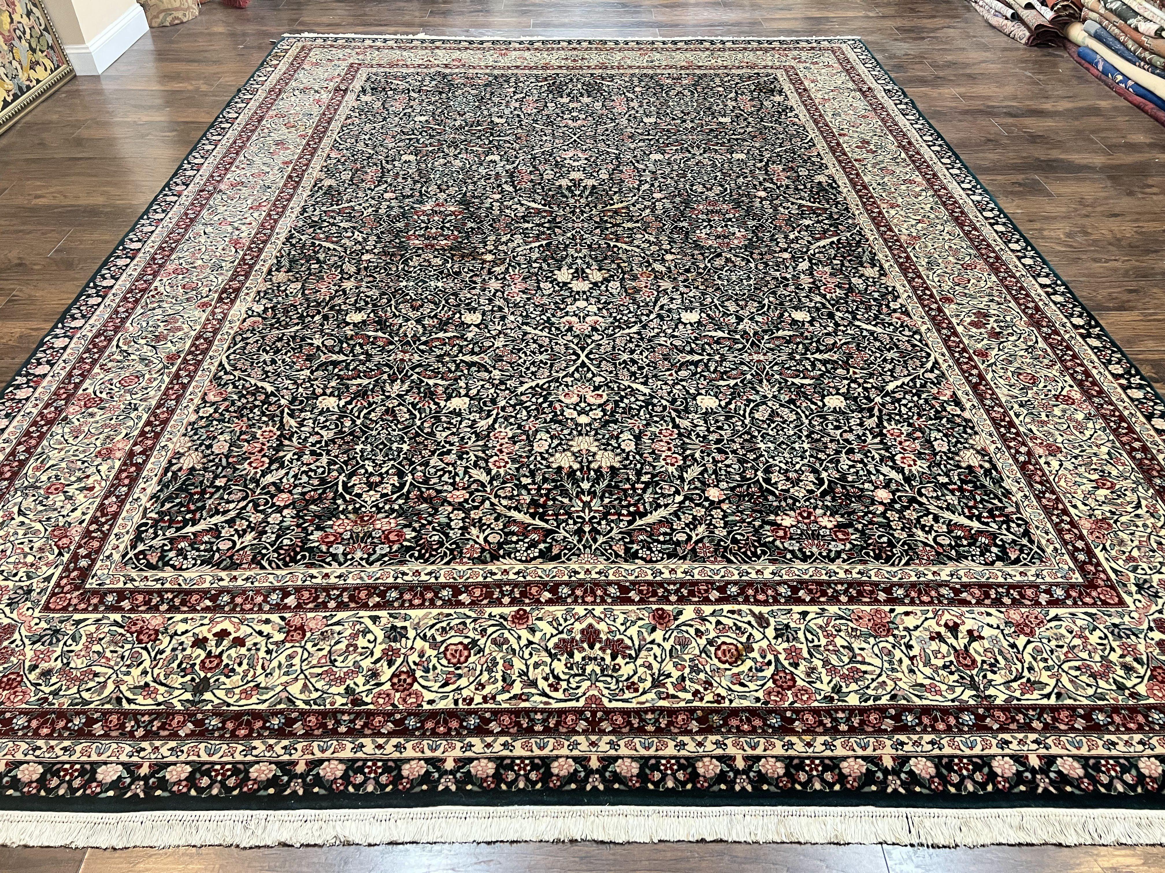Large Sino Persian Rug 10x14, Wool Hand Knotted Vintage Carpet, Dark Green & Beige, Kirman Floral Rug, Fine Weave, Traditional, Large - Jewel Rugs