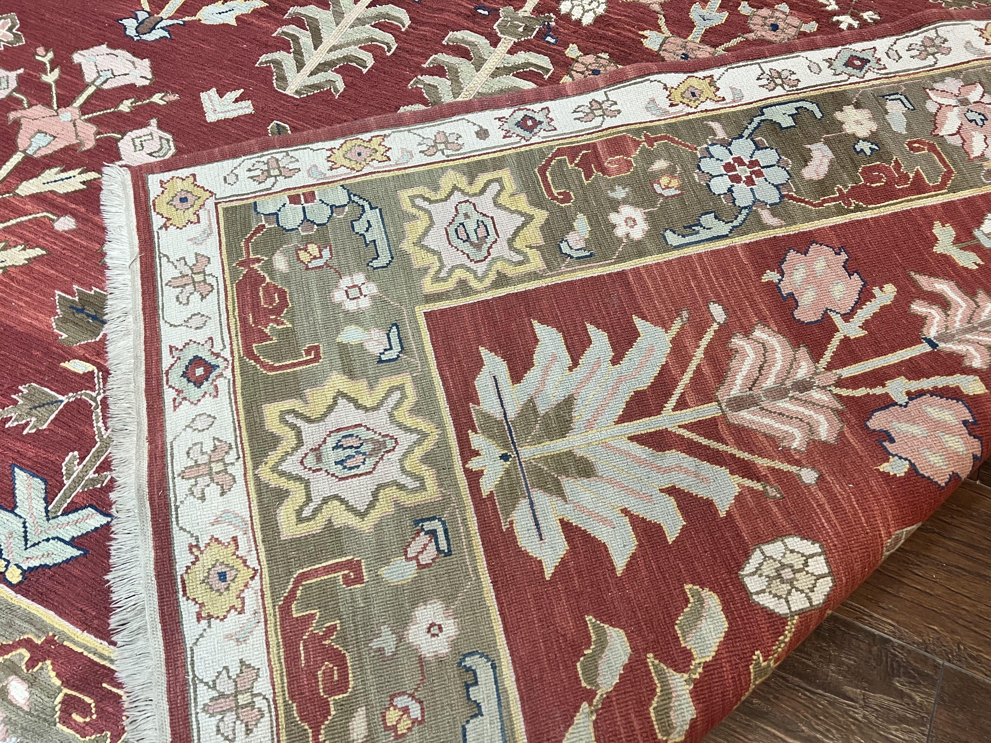 Indian Rug 10x14, Wool Hand Knotted Flatweave Carpet, Tree of Life, Red and Green - Jewel Rugs