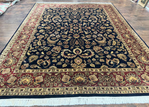 Indo Persian Rug 8x10, Navy Blue and Red, Floral Allover, Hand Knotted Vintage Wool Carpet, Indo Sarouk