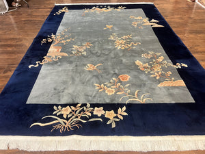 Chinese Wool Rug 9x11, Art Deco Carpet 9 x 11, Wool Handmade Vintage Carving Rug, Navy Blue & Gray, Simple Design, Signed by Masterweaver