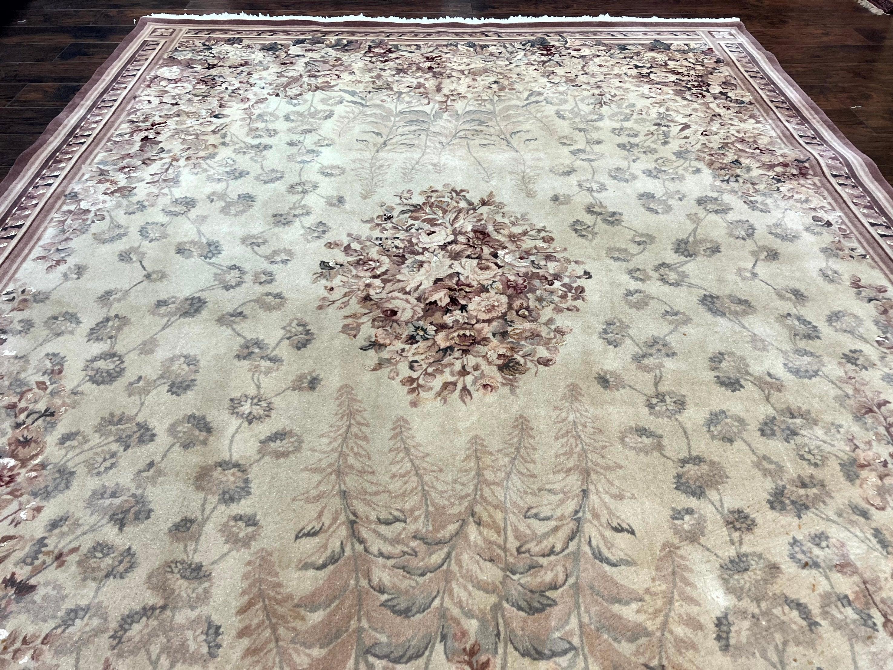 Aubusson Wool Rug 9x11, Wool with Silk Highlights, European Design, Vintage, Handmade, Floral, Fine 210 KPSI - Jewel Rugs