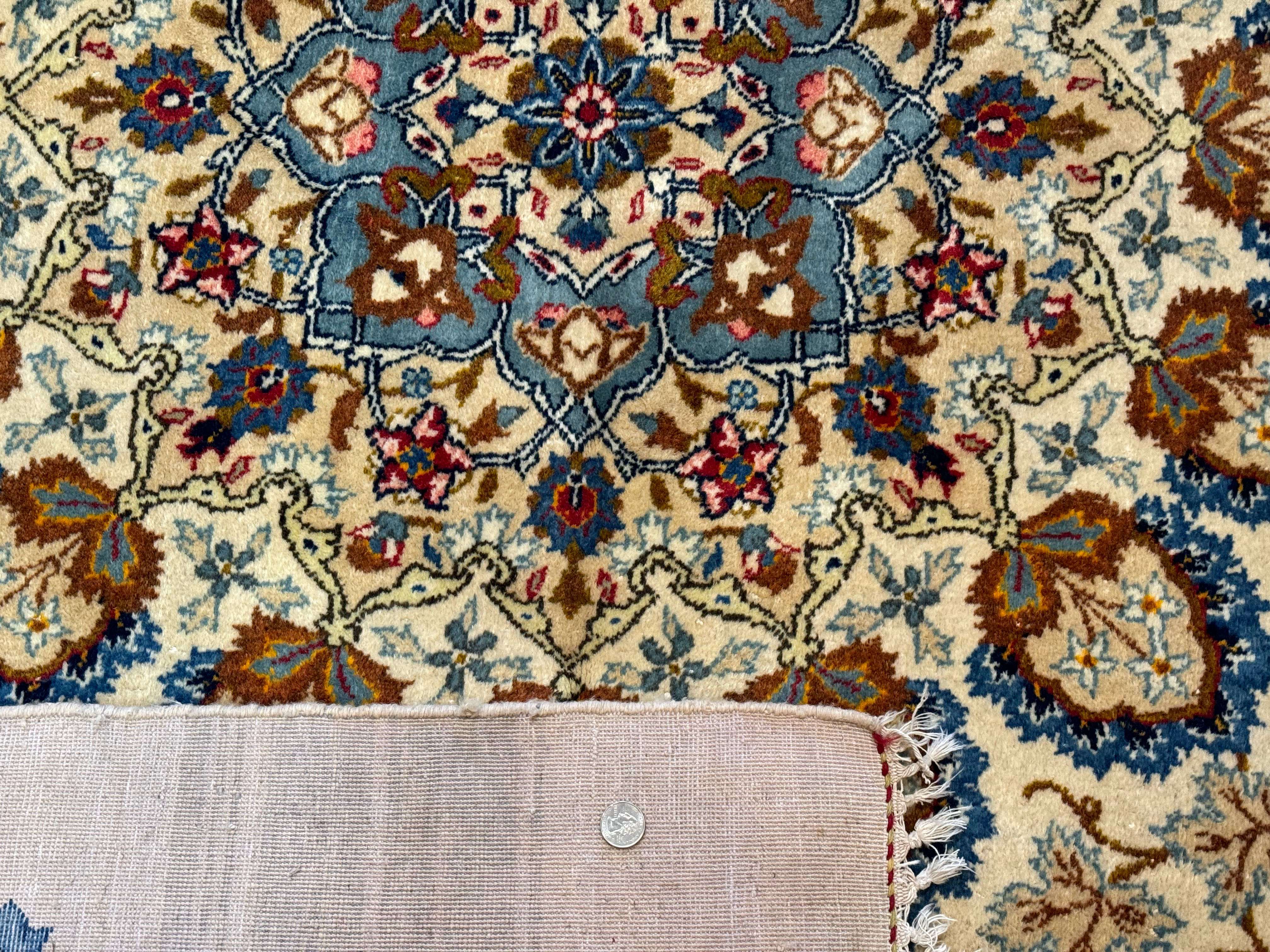 Persian Kashan Rug 9 x 12.6, Ivory and Blue, Floral Medallion, Wool Hand Knotted Semi Antique Carpet - Jewel Rugs