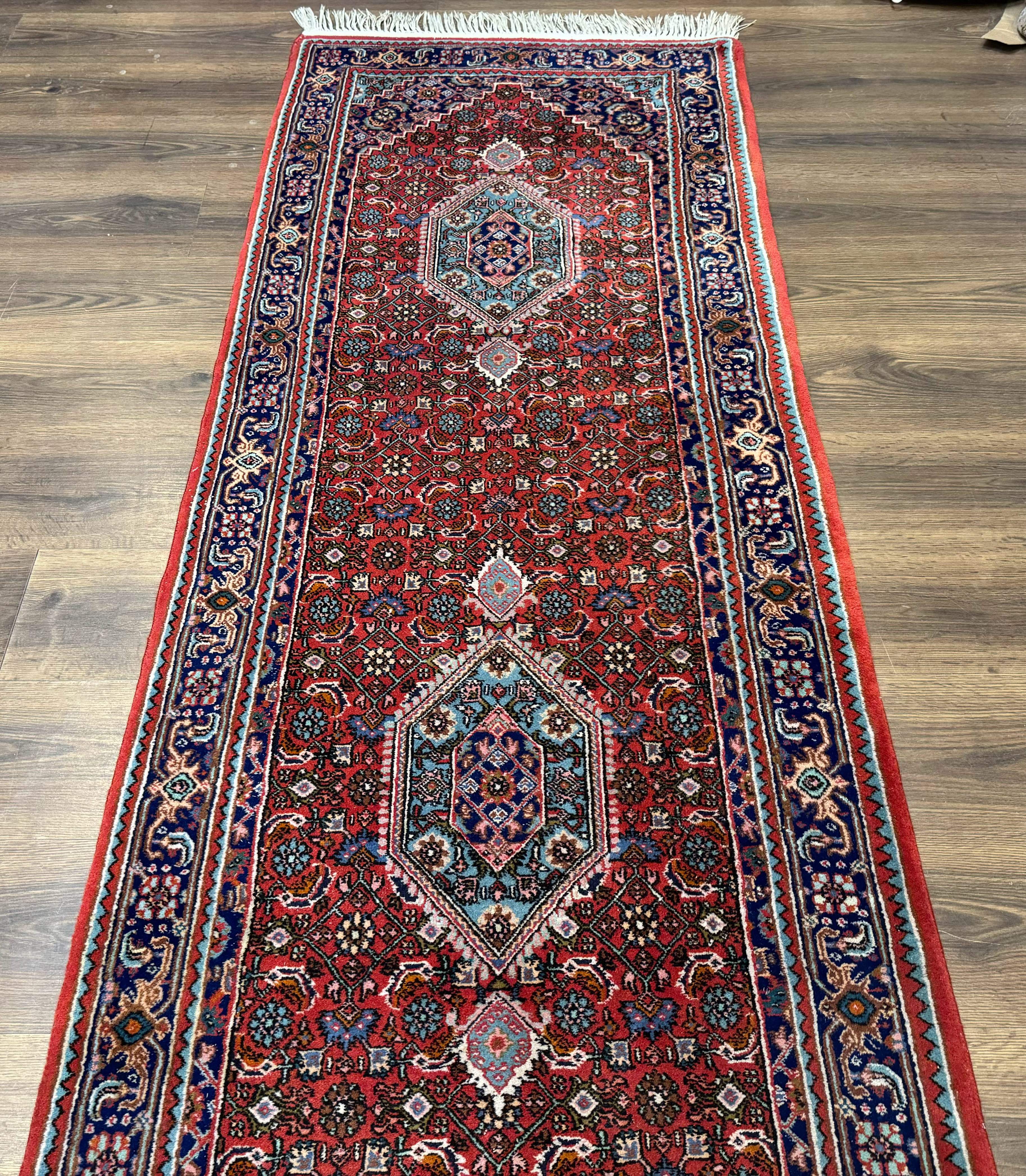 Indo Persian Bidjar Runner Rug 3 x 18.6, Red Navy Blue, Long Runner, Wool Oriental Carpet - Jewel Rugs