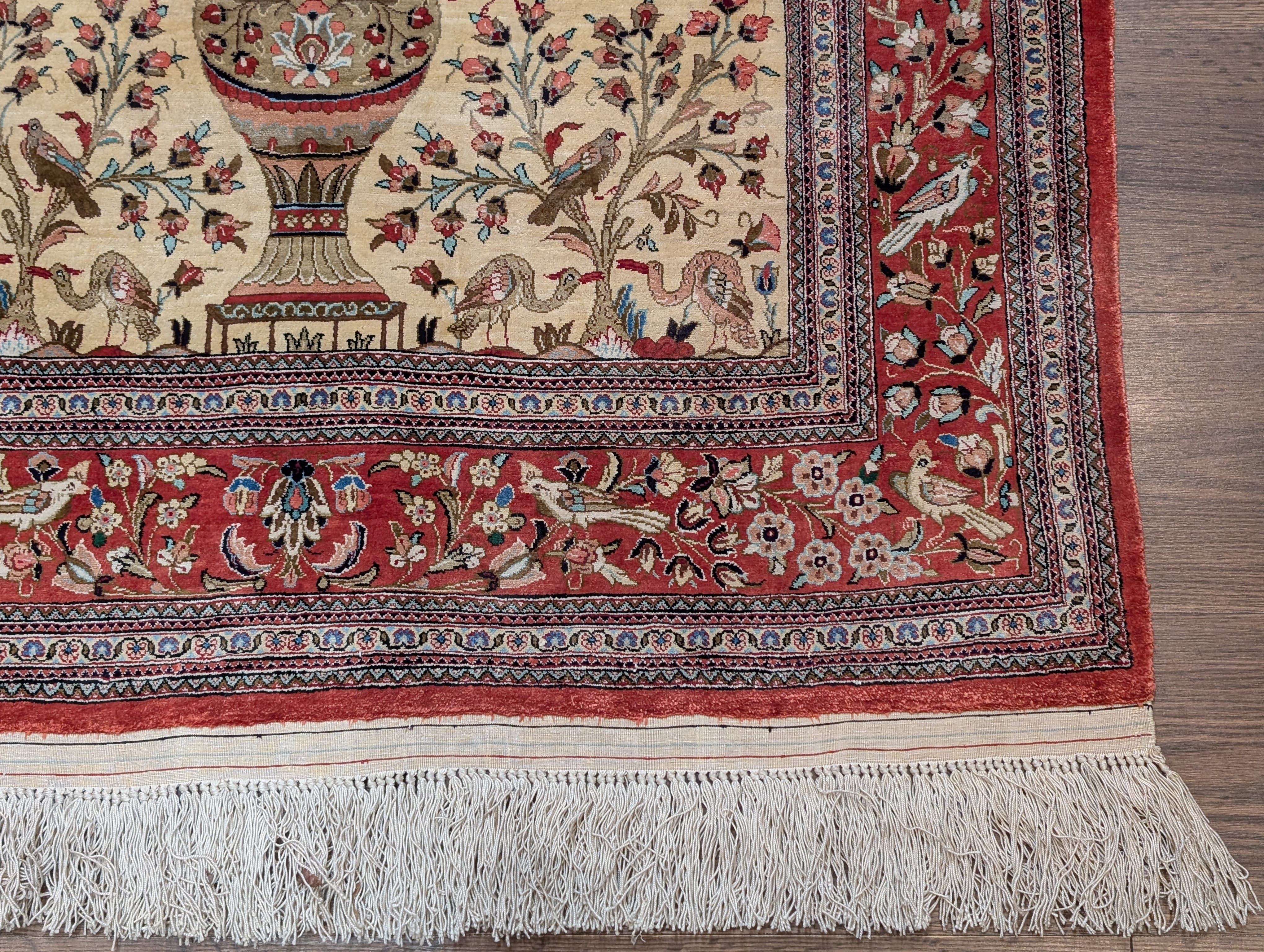 Silk Qum Persian Rug 3x5 – Tree of Life Design with Birds & Vase, 630 KPSI - Jewel Rugs