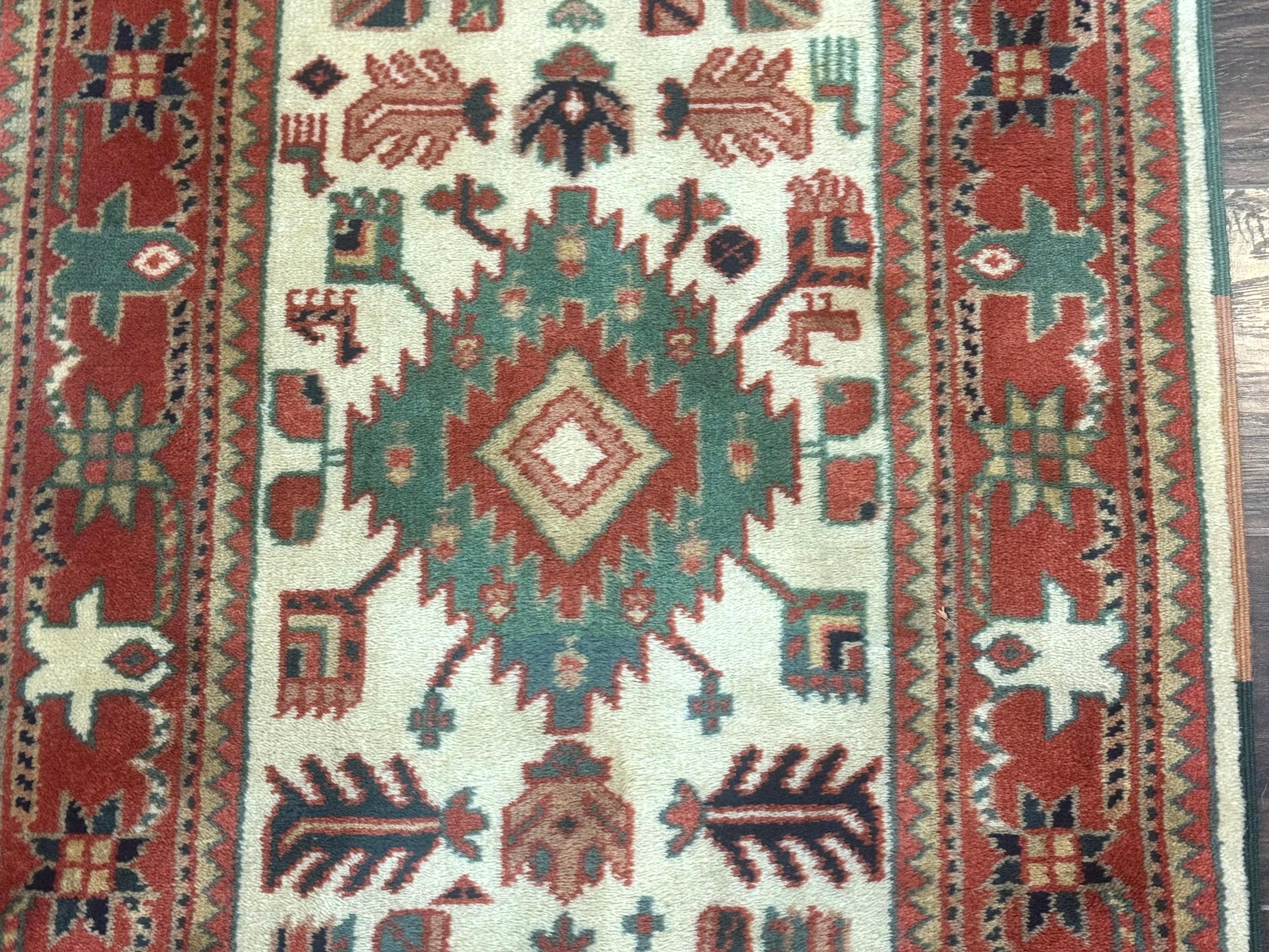 Turkish Runner Rug 2.4 x 8, Kazak Geometric Heriz Pattern, Beige Red - Jewel Rugs