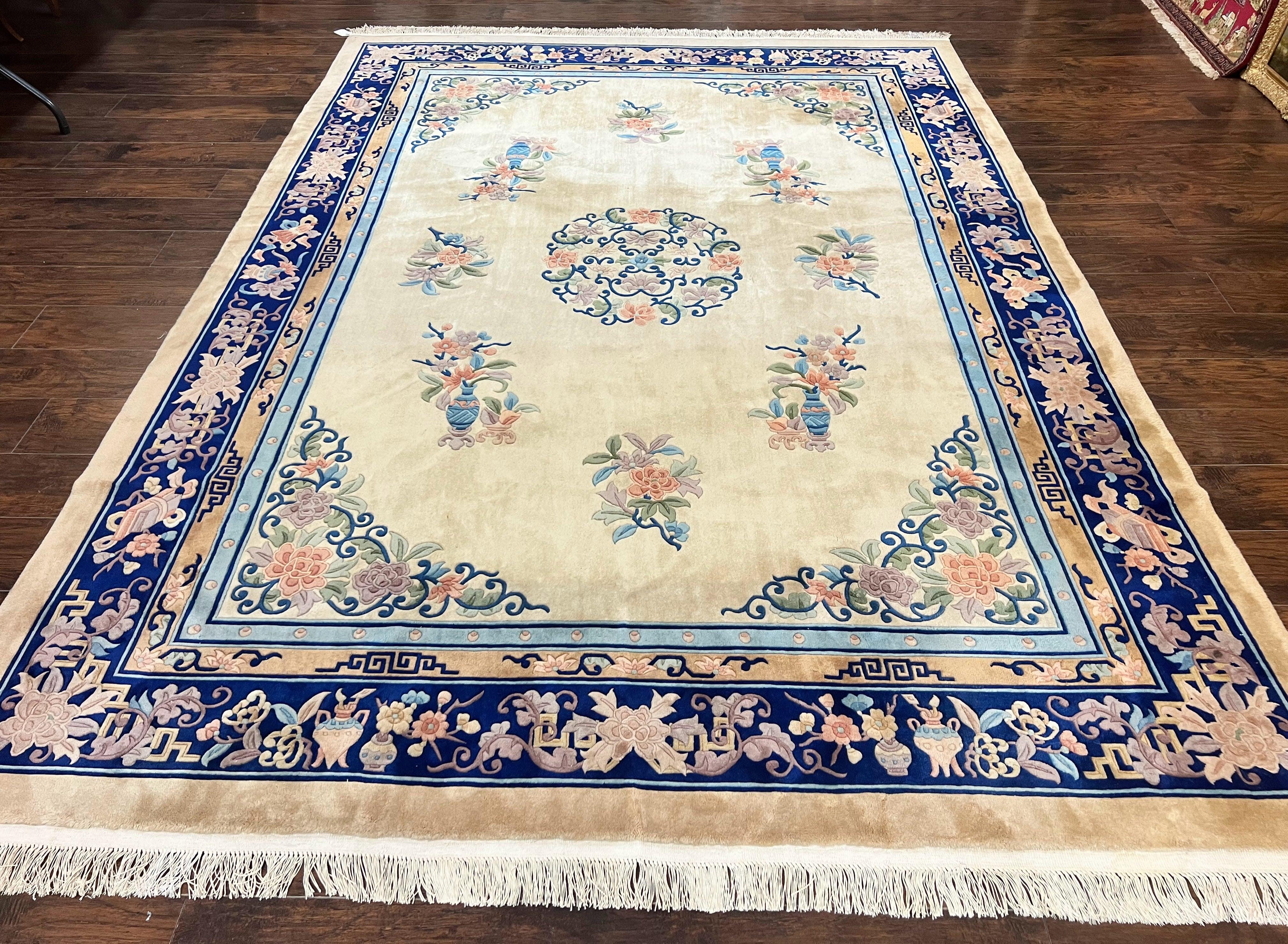 Chinese Wool Rug 8x11, Peking Asian Oriental Carpet, Cream/Ivory and Blue, Vintage Handmade Rug, Art Deco Rug - Jewel Rugs