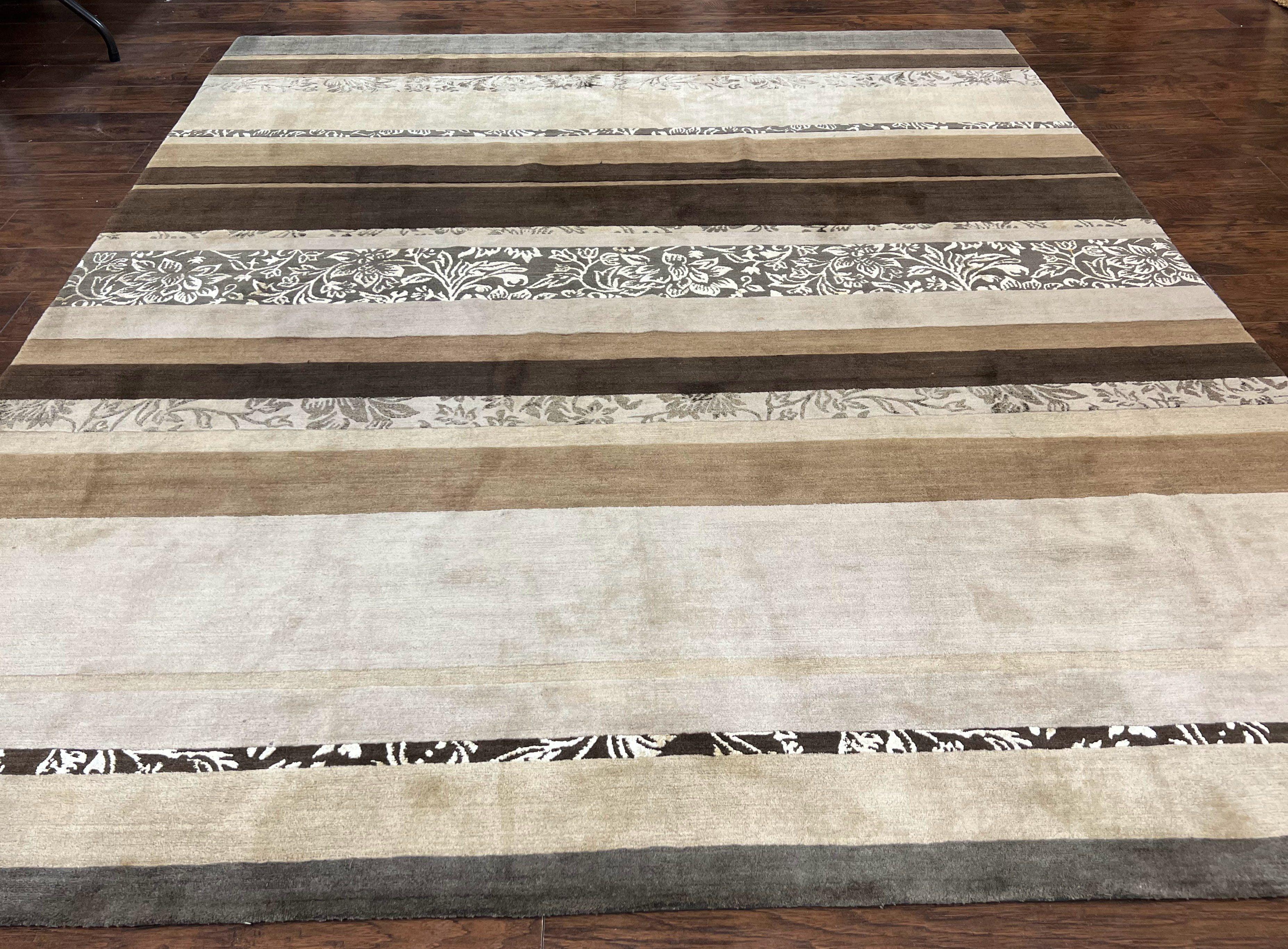 Modern Tibetan Nepali Rug 8x12, Stripe Pattern, Wool with Silk Highlights, Handmade, Beige Tan Brown - Jewel Rugs