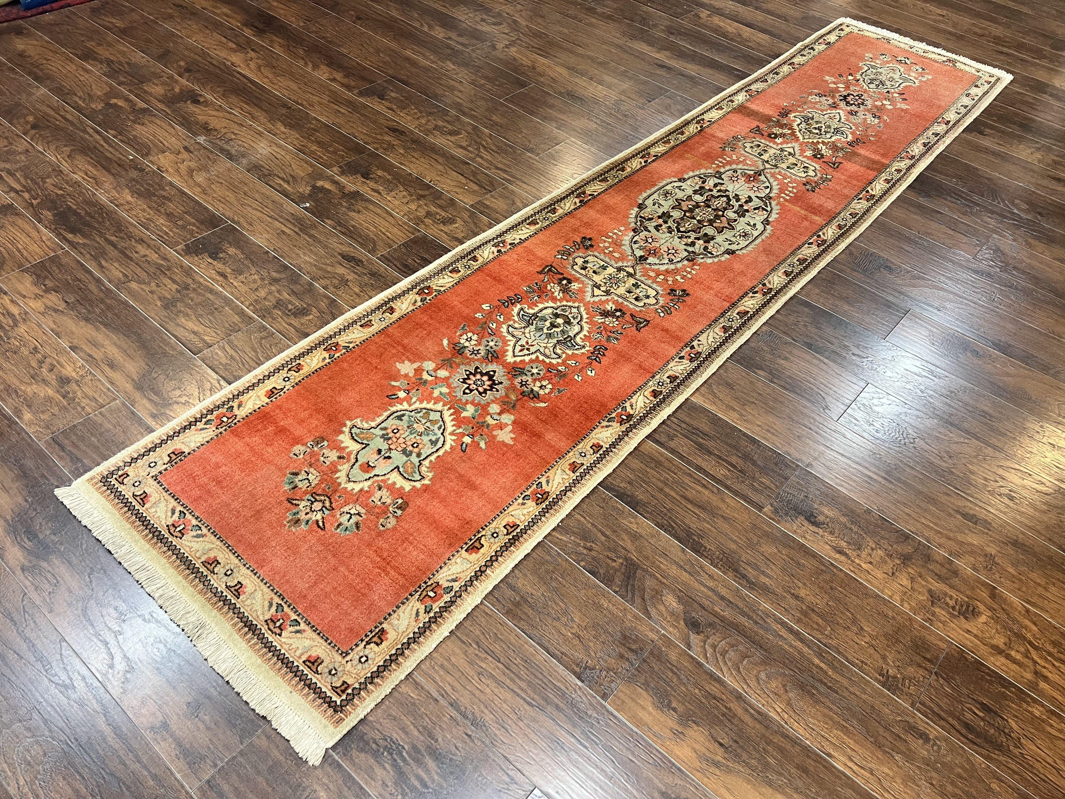 Persian Tabriz Runner Rug 3 x 12, Vintage Hand Knotted Wool Oriental Hallway Carpet, Light Red Beige Tan, Fine Weave, Semi Open Field, Traditional - Jewel Rugs