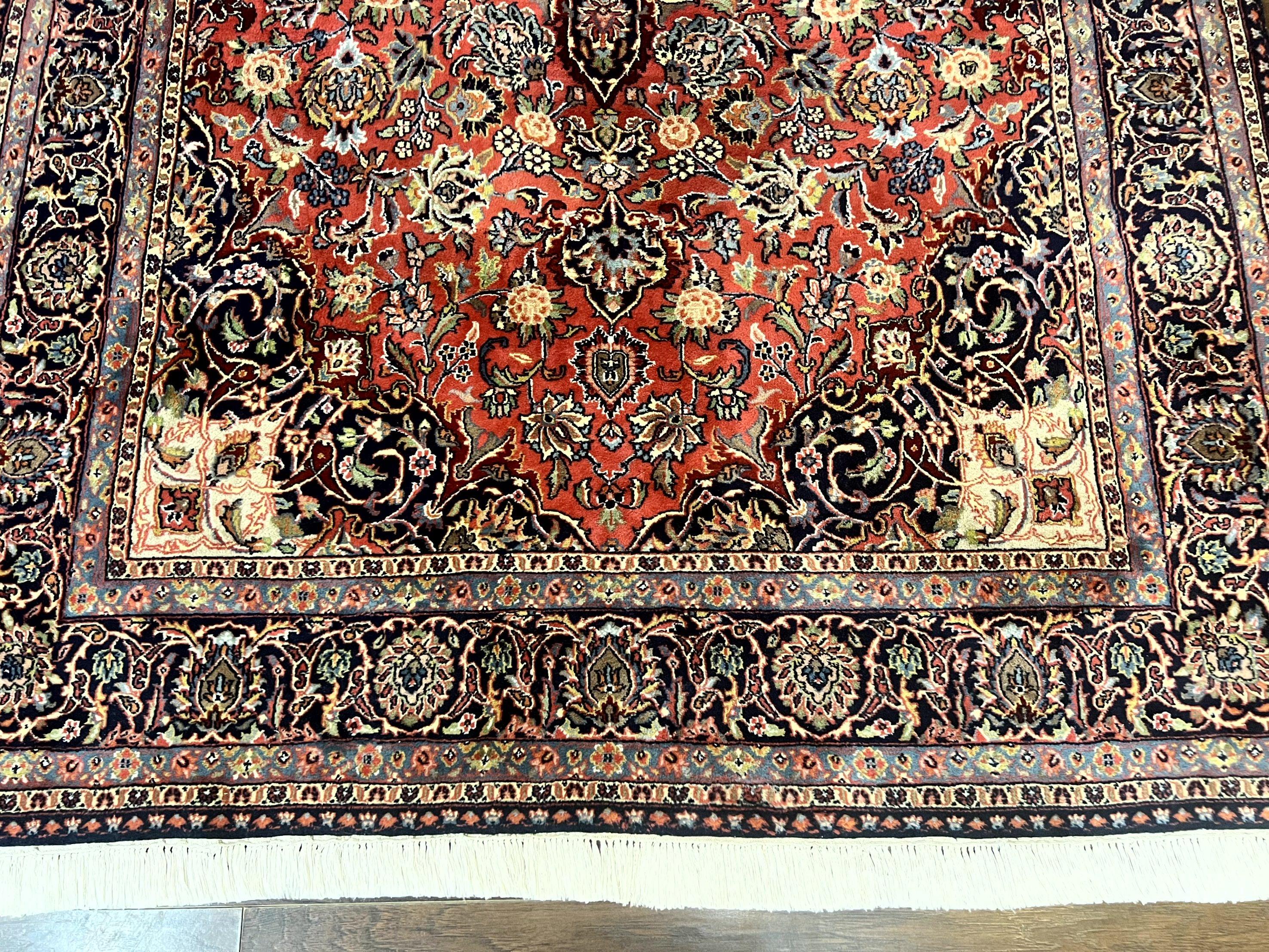 Persian Kashan Rug 6x9, Red and Dark Blue, Handmade Vintage Wool Carpet, Floral Medallion - Jewel Rugs