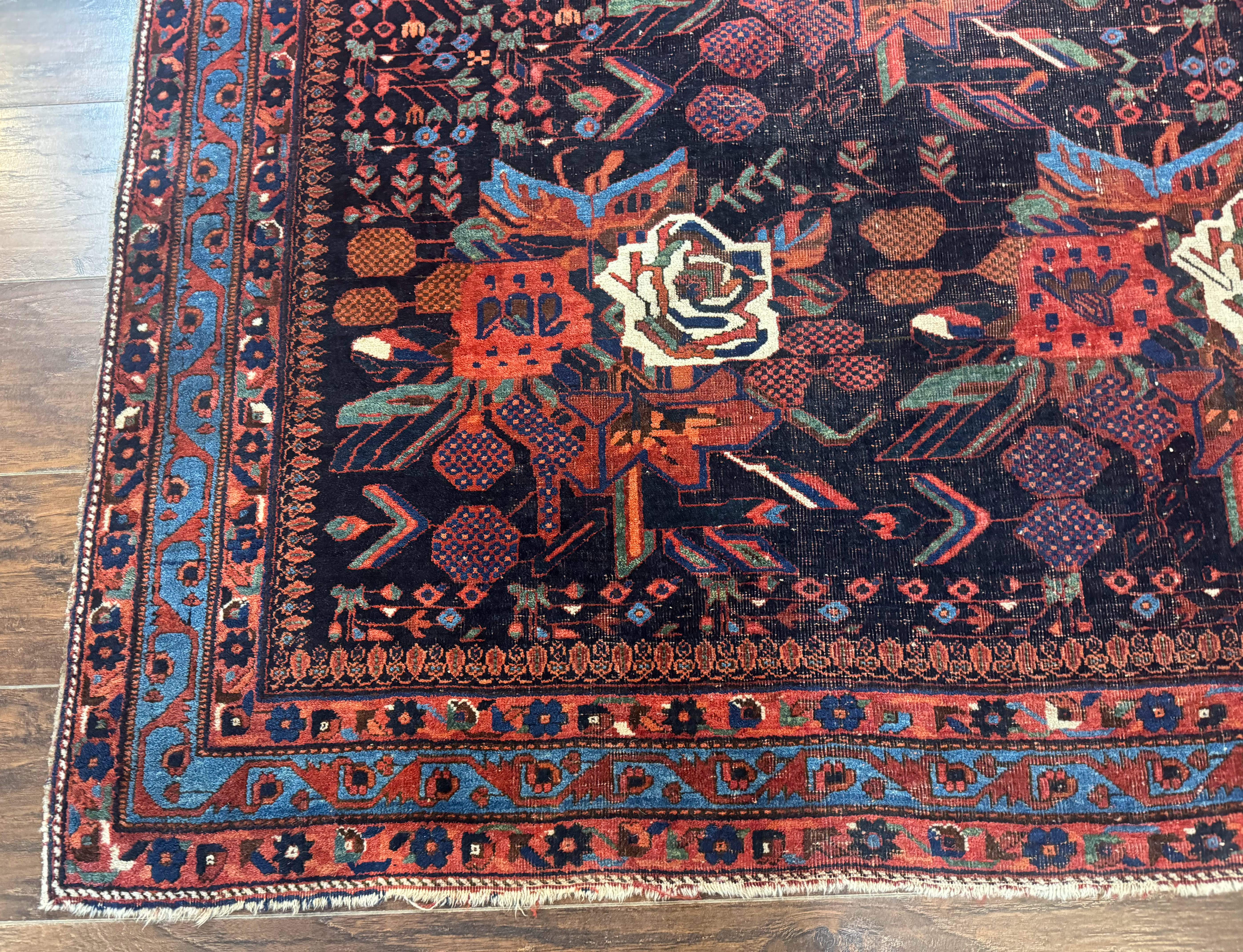 Persian Afshar Tribal Rug 5x6 – Navy and Red, Hand-Knotted Wool, Antique Carpet, Floral - Jewel Rugs