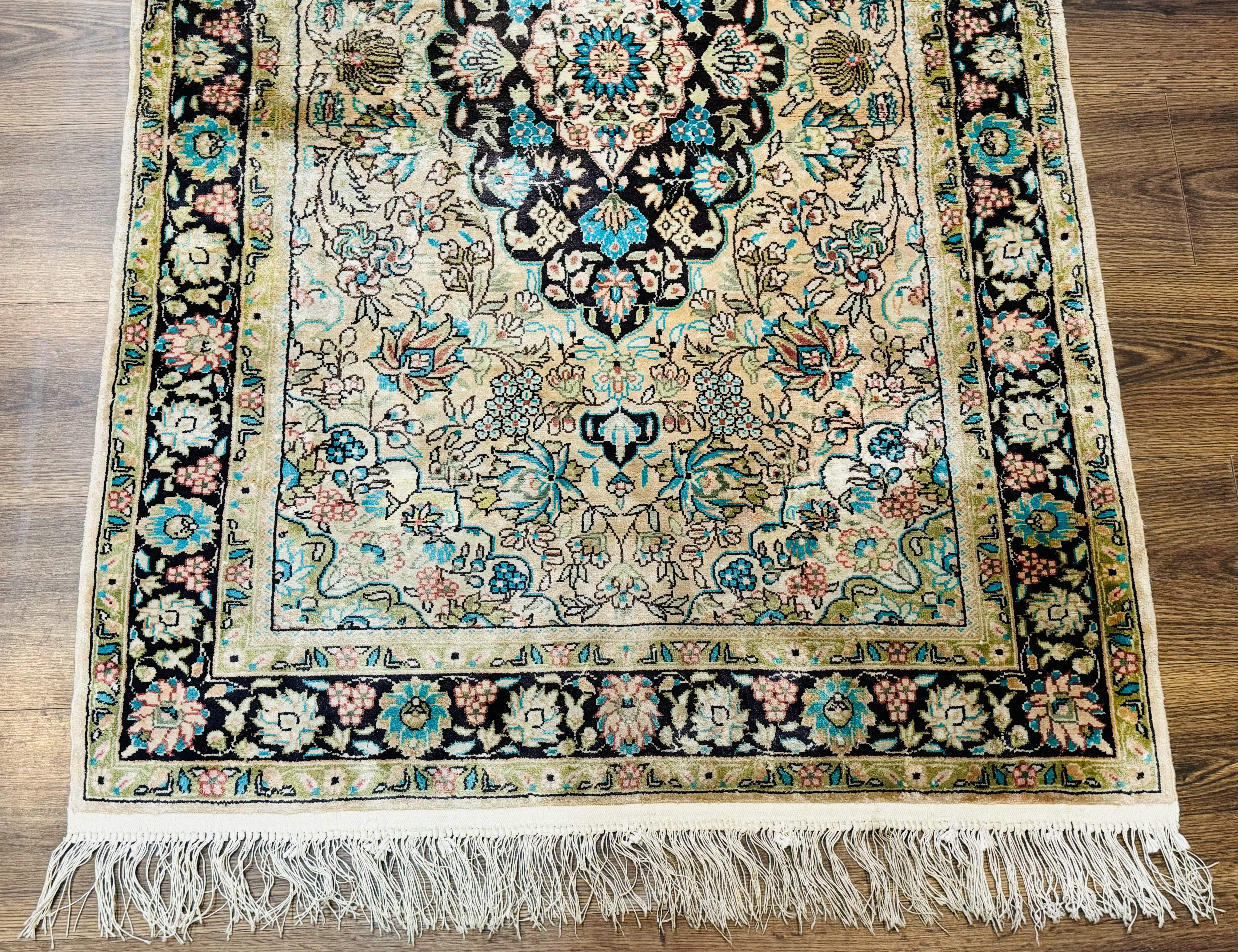 Indian Kashmiri Silk Rug 3x5, Floral Medallion, Fine 200 KPSI - Jewel Rugs