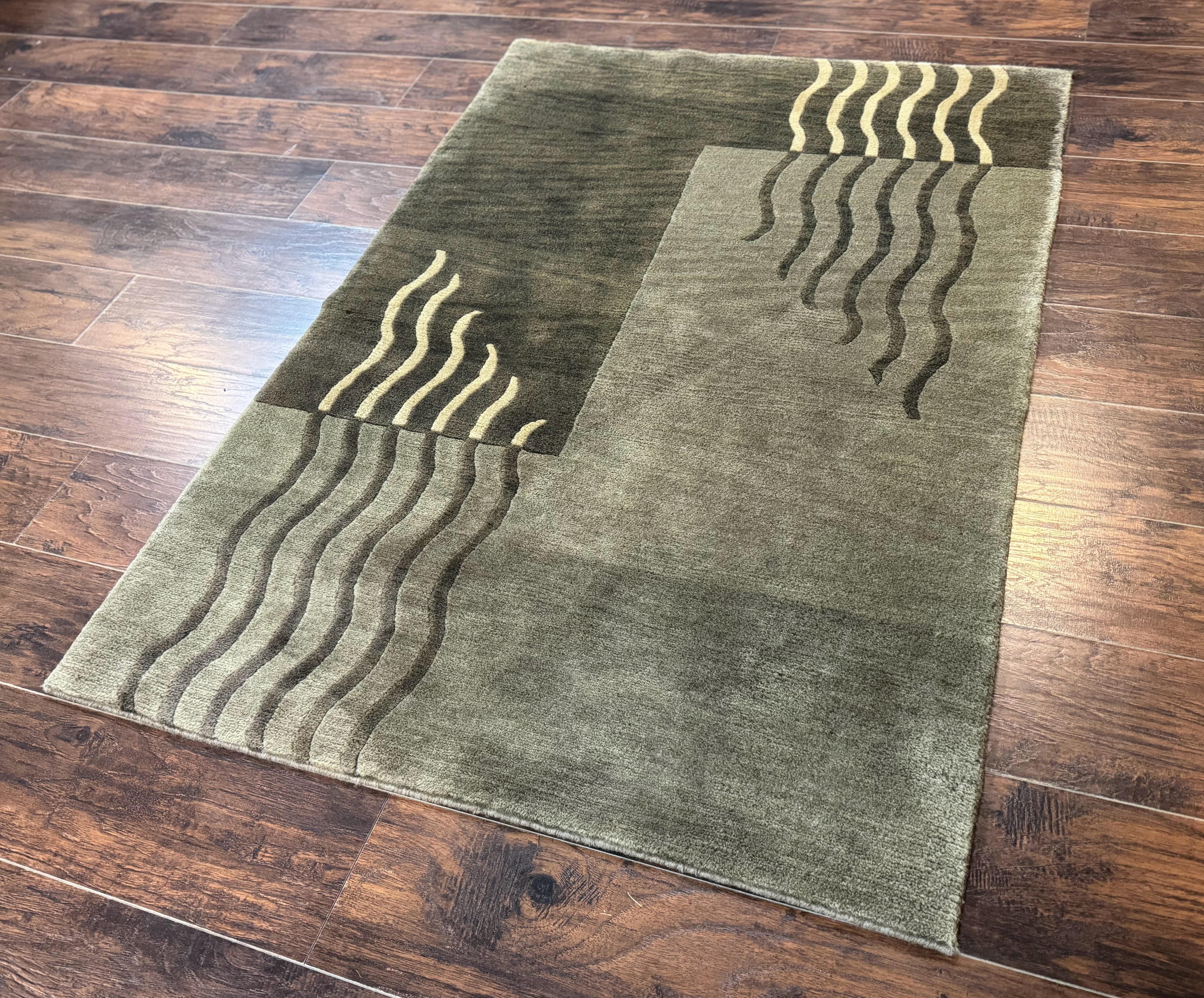 Modern Tibetan Wool Rug 3.6 x 5.6, Shades of Green, Abstract Design - Jewel Rugs