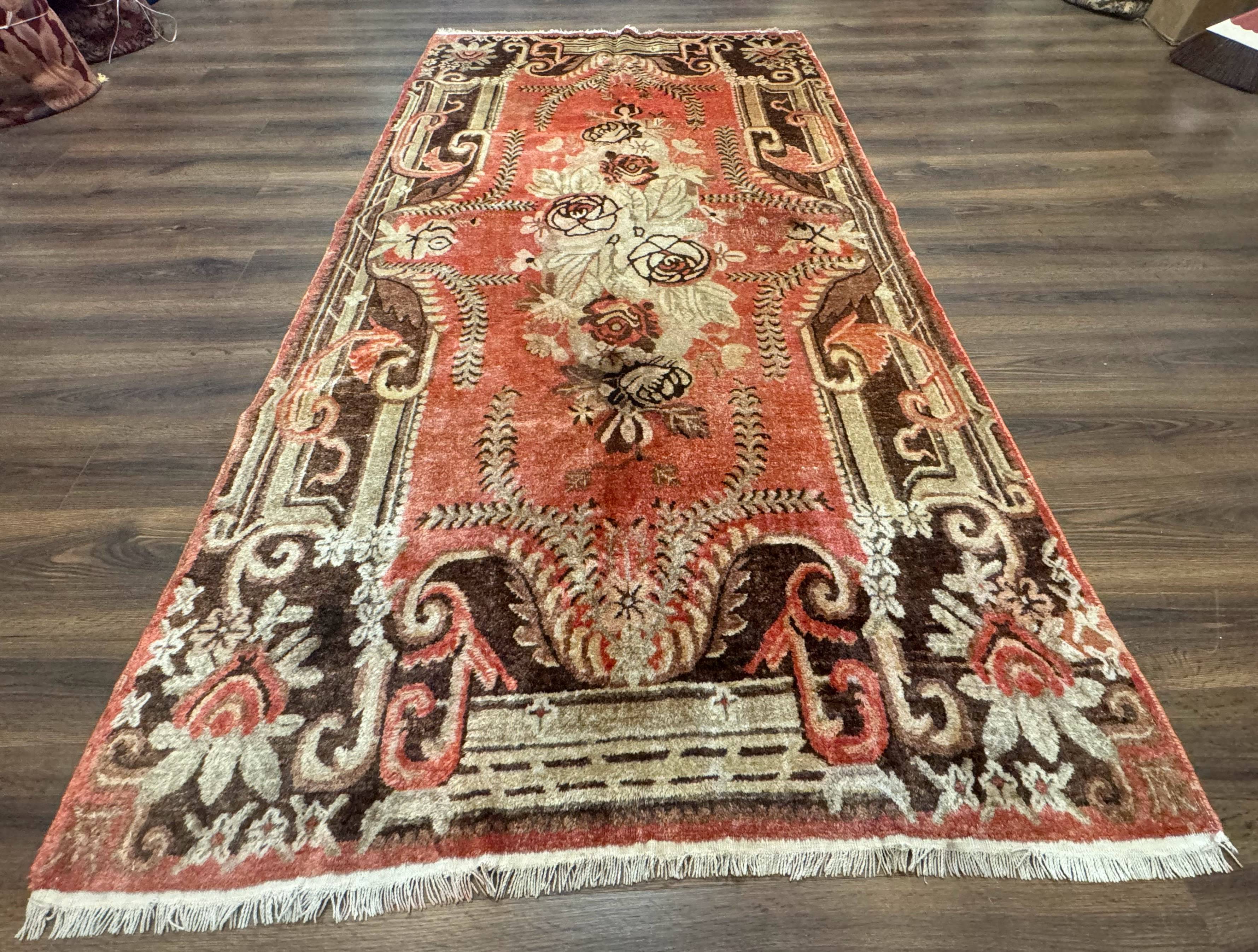 Khotan Rug 5x9, Terracotta and Brown, Floral, Chinese Wool Carpet, Antique Rug - Jewel Rugs