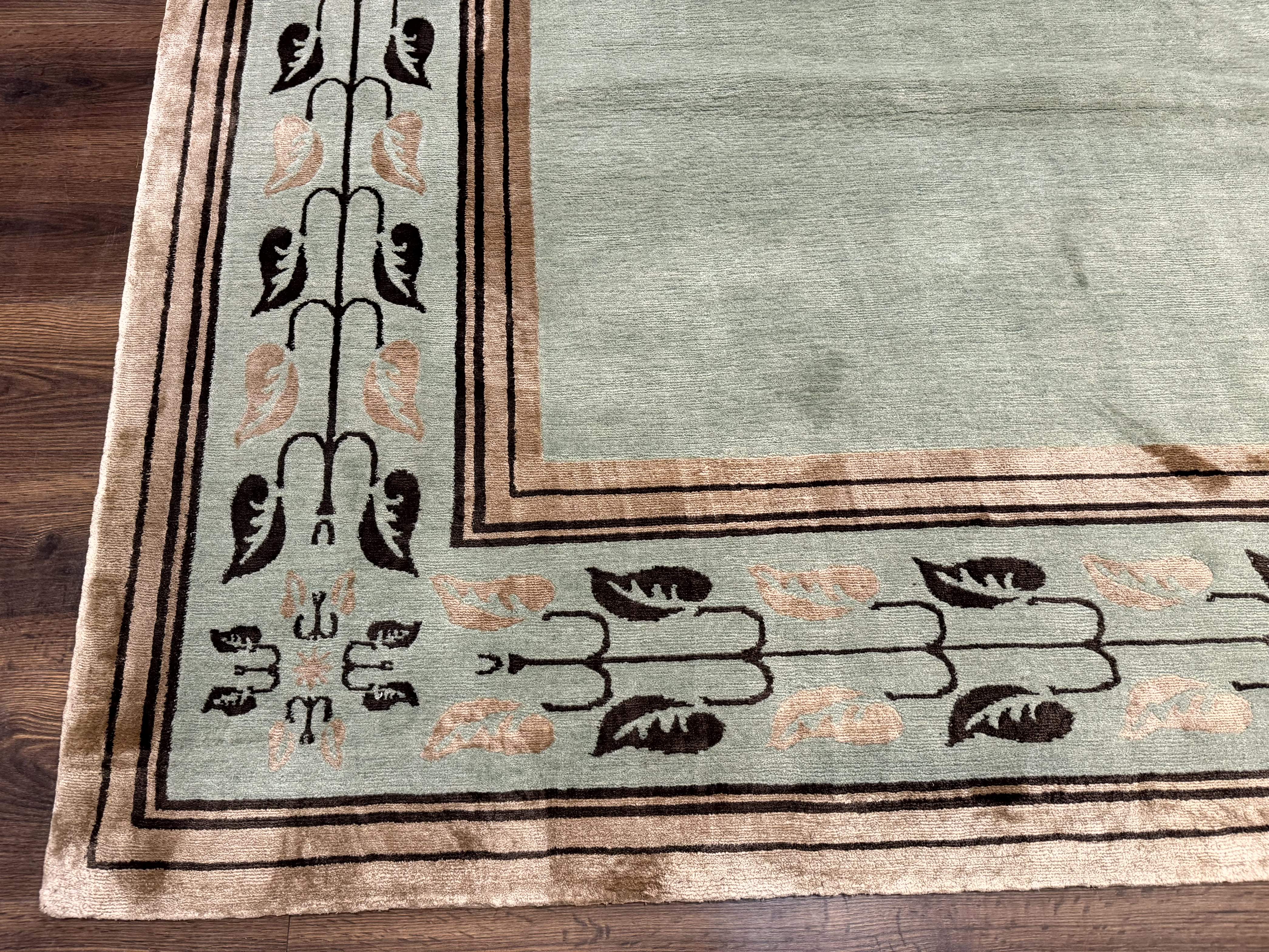 Palace Size Nepali Rug 9x18, Open Field, Light Mint Green, Wool Hand Knotted, Modern Contemporary - Jewel Rugs