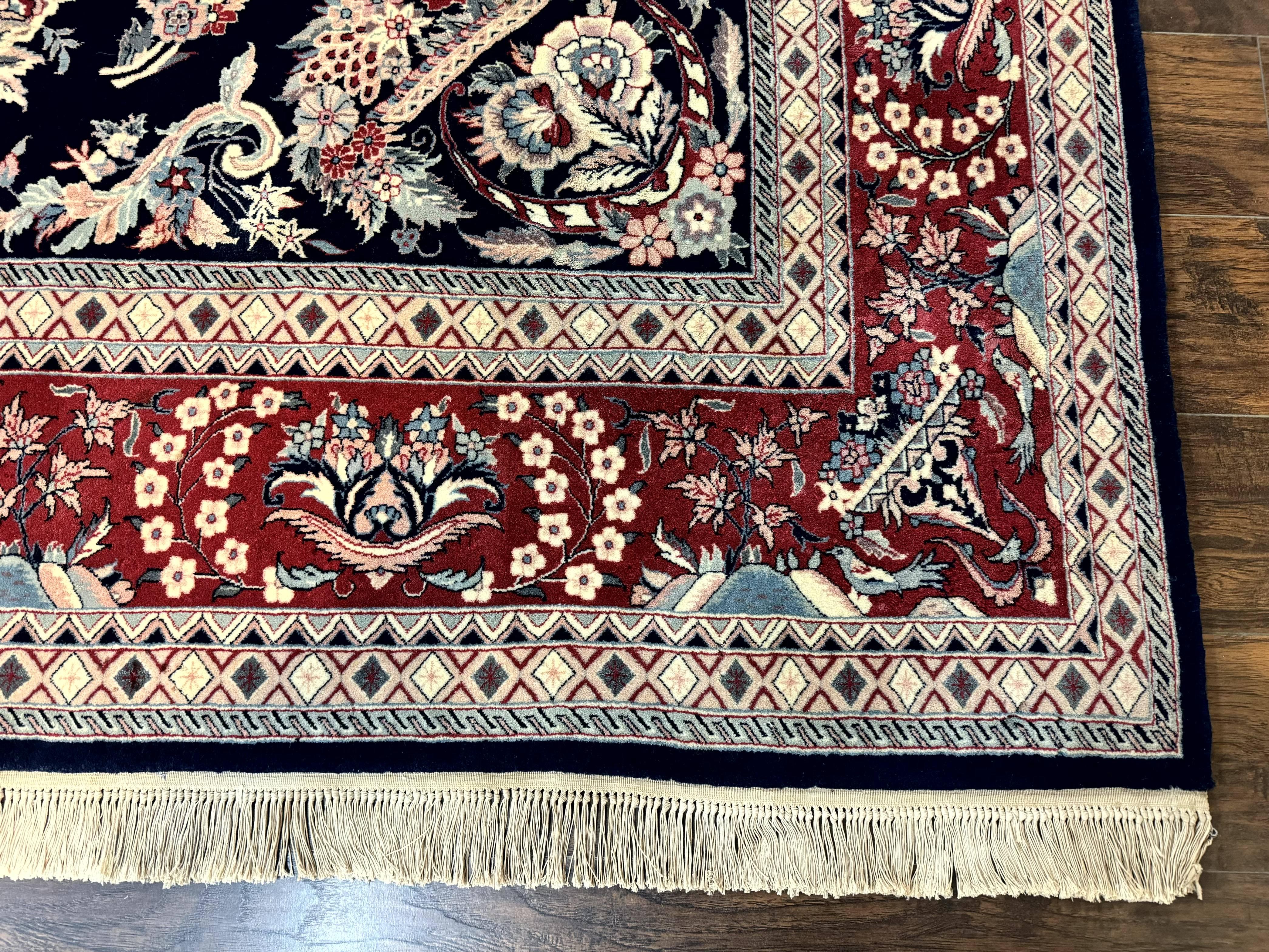 Sino Persian Rug 8x10, Floral Kirman Carpet, Navy Blue and Red, Floral Vases, Handmade Vintage Wool Carpet, 320 KPSI - Jewel Rugs