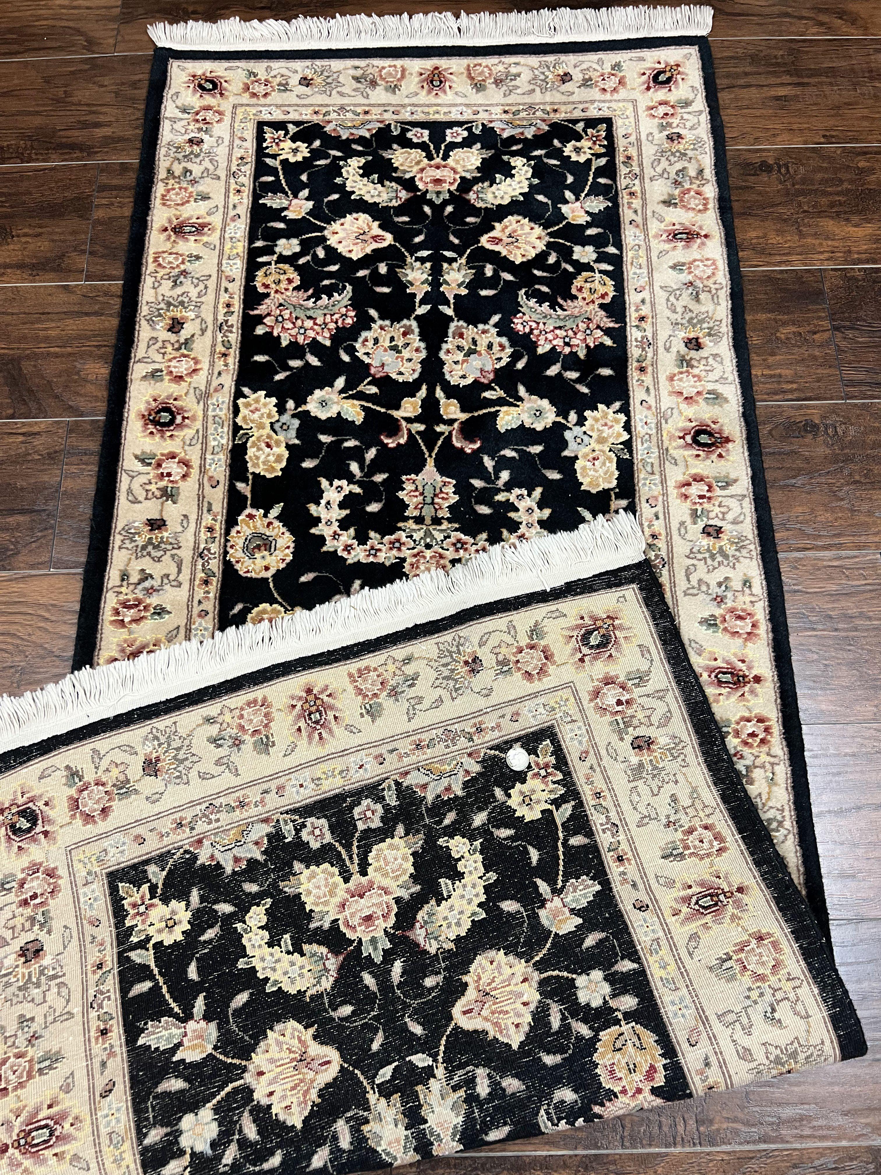 Sino Persian Short Runner Rug 2.7 x 6, Wool and Silk Highlights Black and Beige Handmade Vintage Floral Allover Oriental Carpet, Hallway Rug - Jewel Rugs