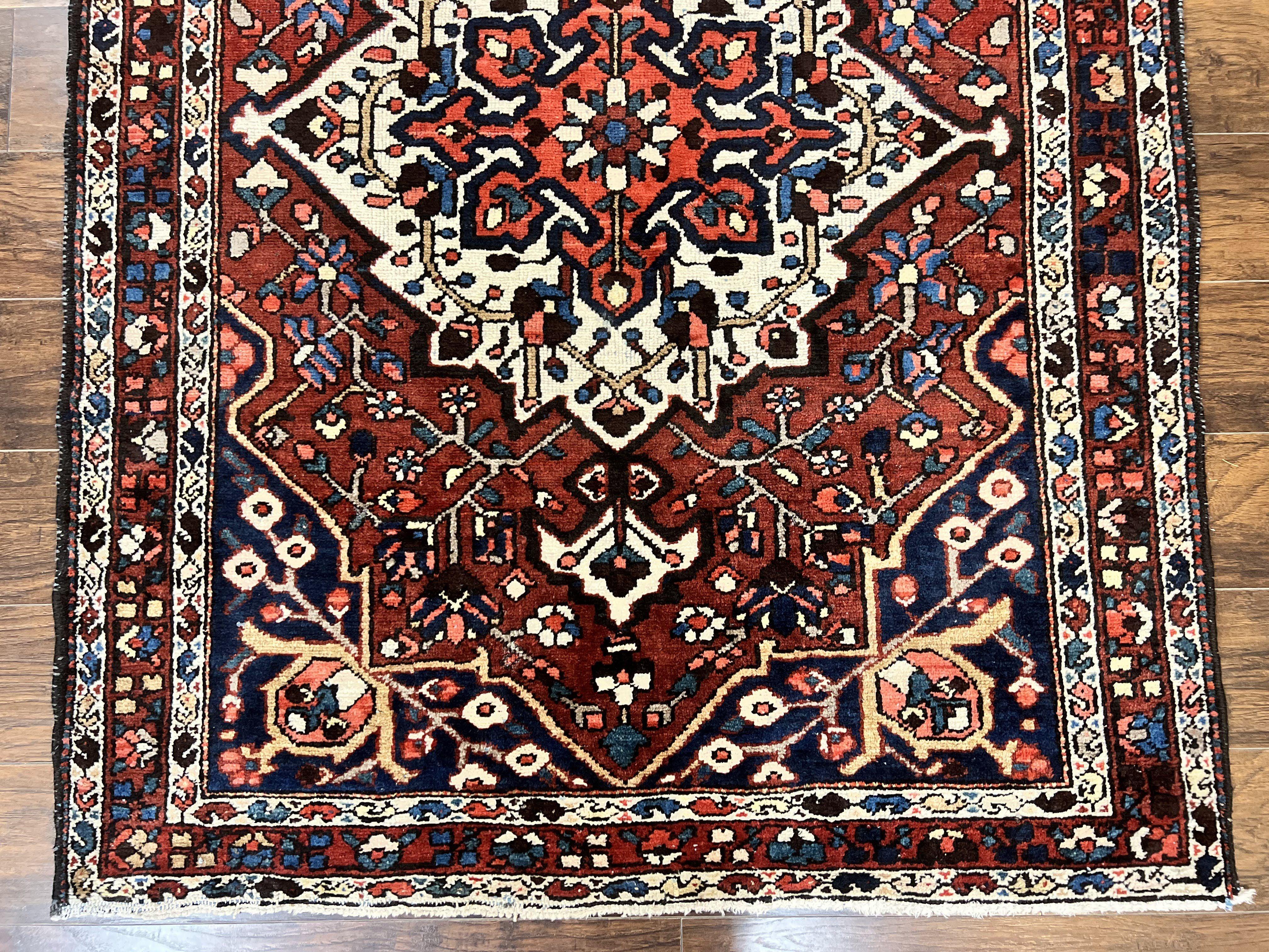 Persian Bakhtiari Rug 5 x 6.6, Tribal Geometric Carpet, Red Ivory, Handmade Wool Medium Sized Oriental Rug, Semi Antique Vintage - Jewel Rugs