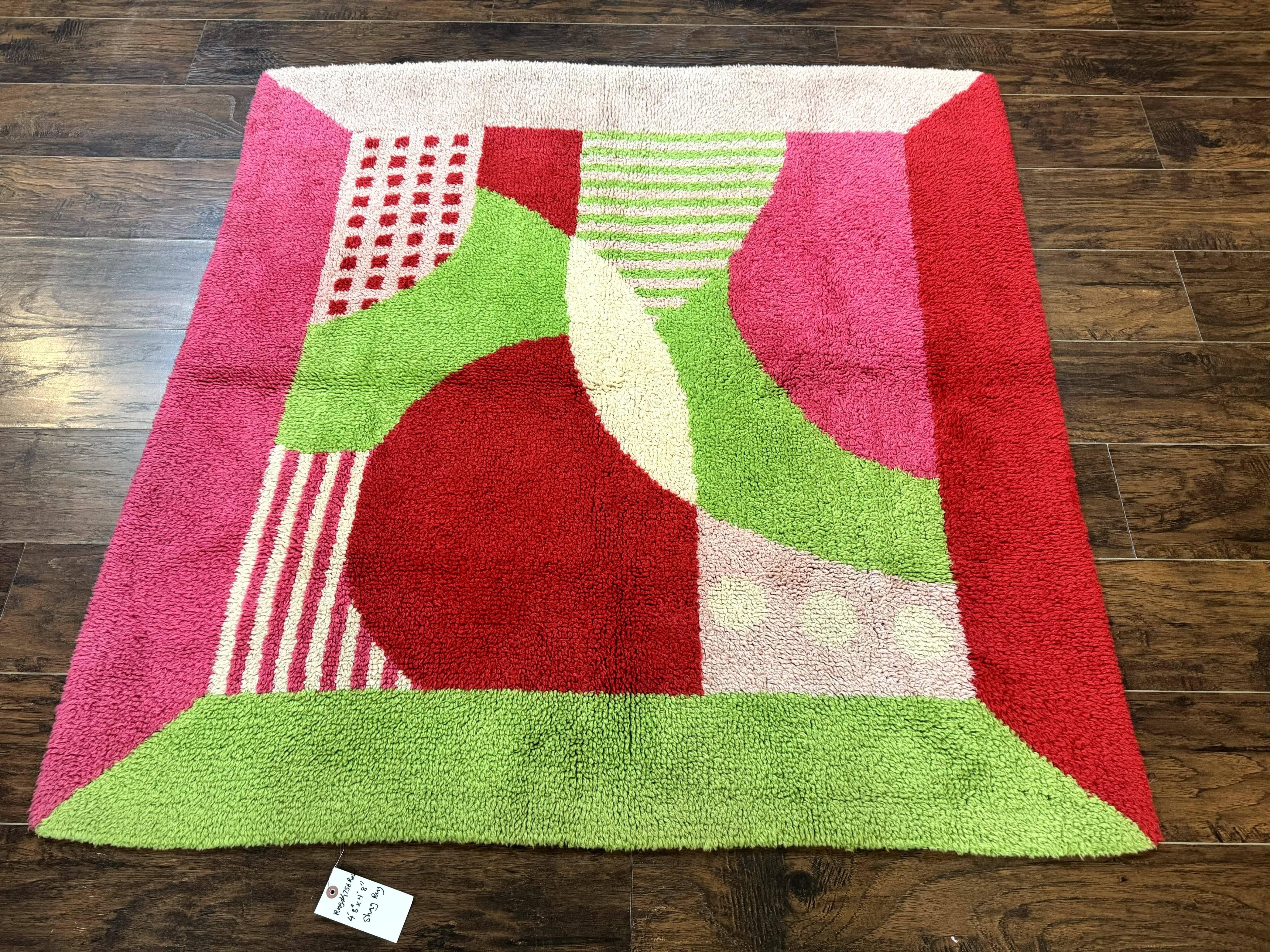 European Shag Rug 4.8 x 4.8, Modern Abstract Design, Green Pink Red, Square Shag Rug, Unique - Jewel Rugs