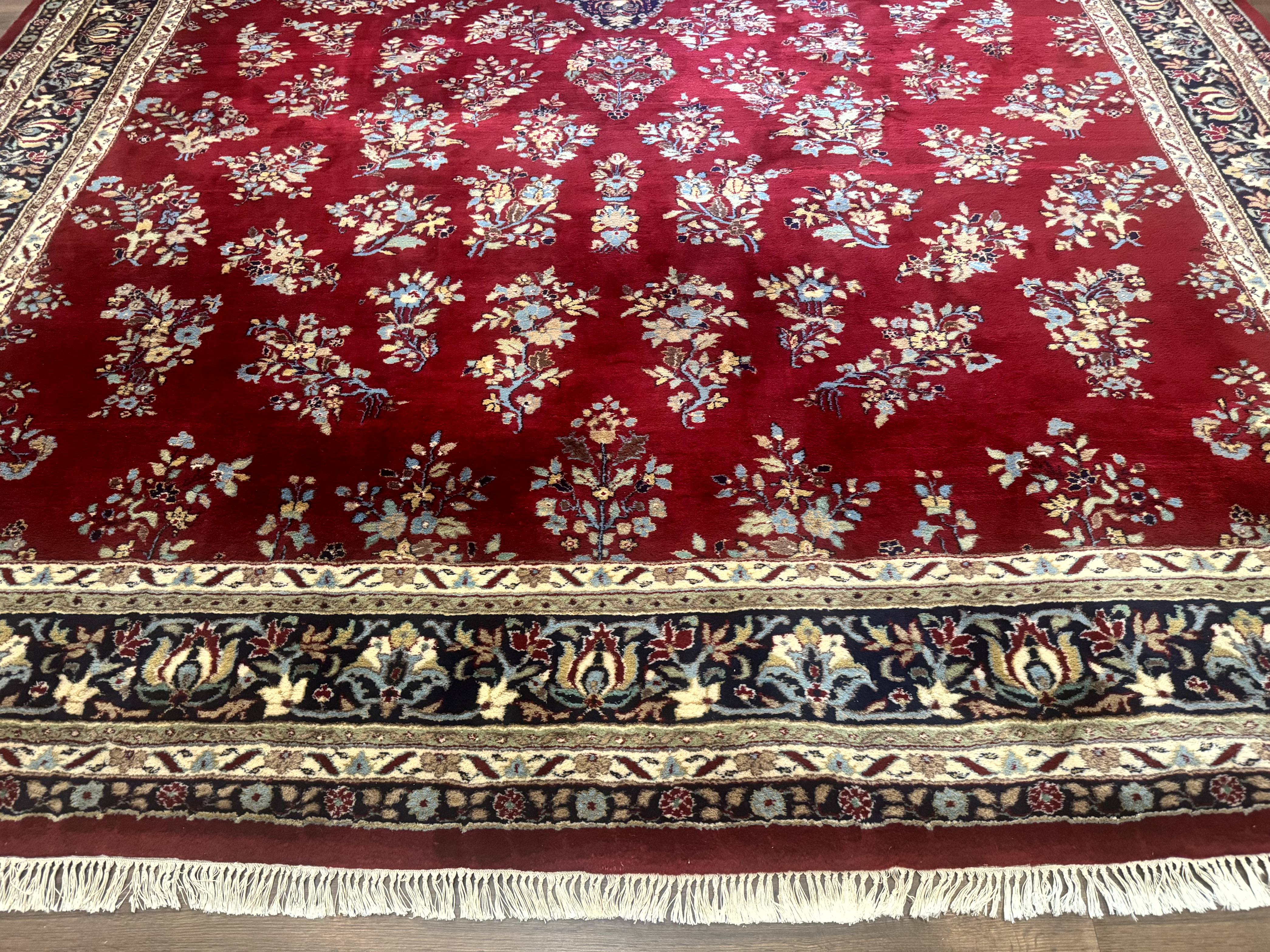 Indo Persian Sarouk Rug 10x14, Large Red and Navy Blue Carpet, Traditional Floral Wool Rug - Jewel Rugs