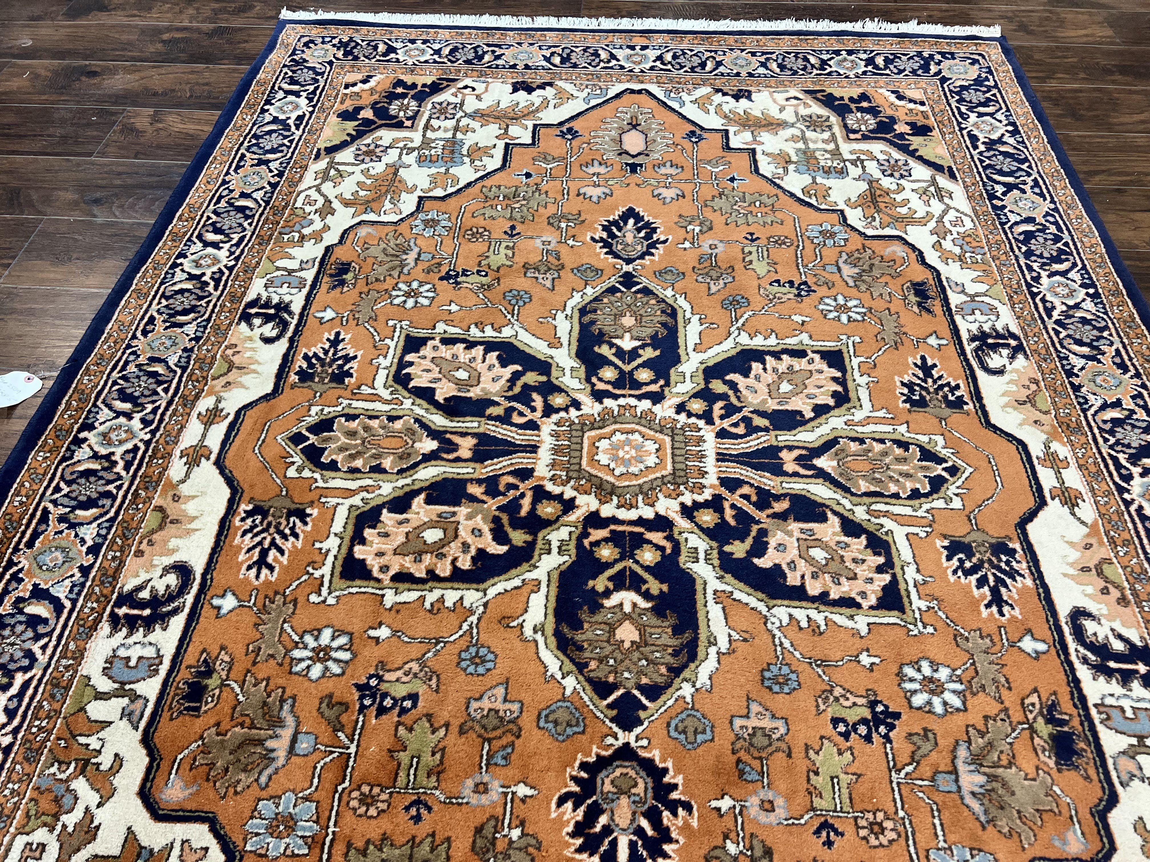 Indo Heriz Rug 6x8, Wool Hand Knotted Vintage Oriental Carpet, Orange-Red Ivory & Navy Blue, Medallion Rug, Handmade Indo Persian Rug - Jewel Rugs