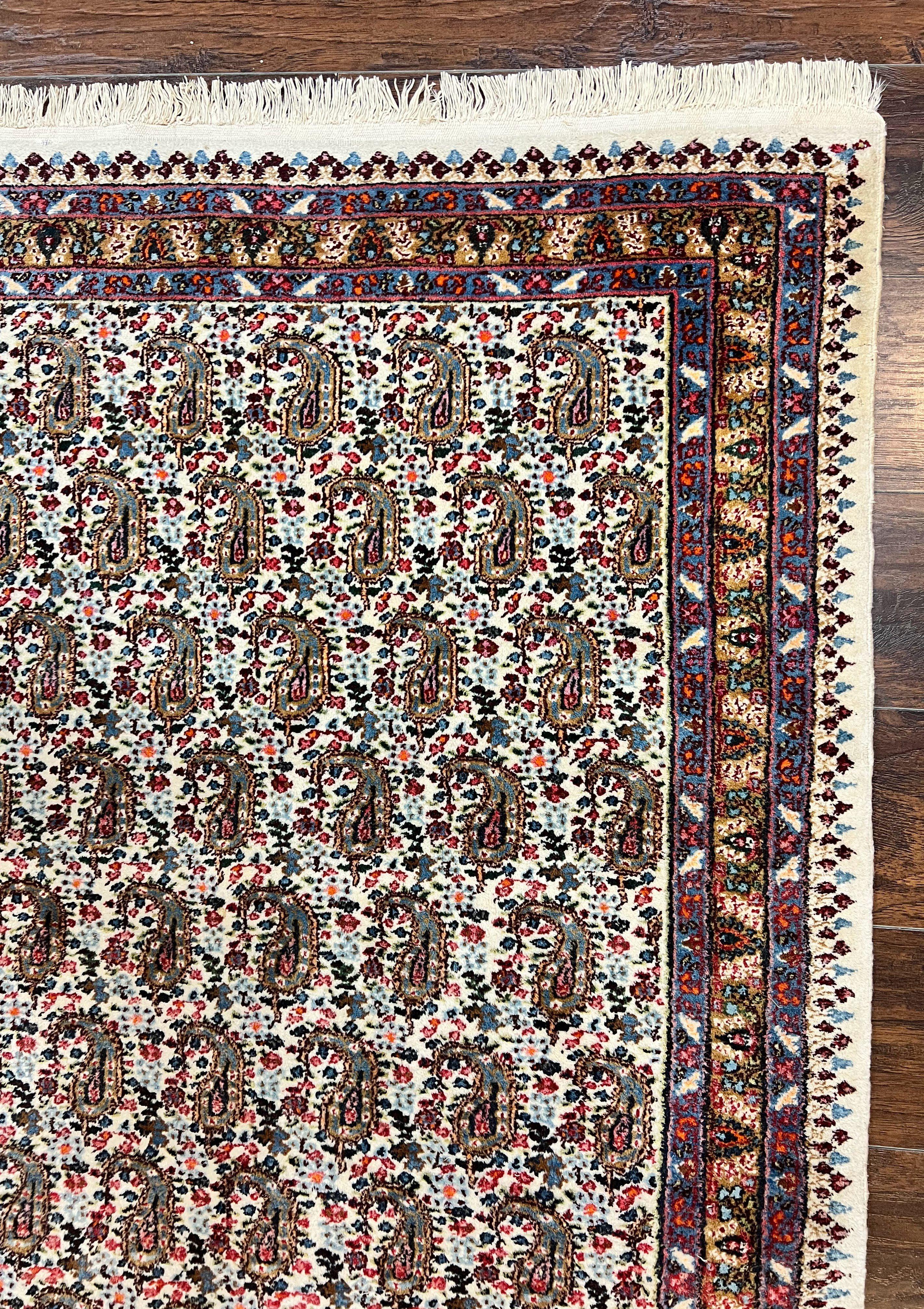 Persian Rug 4x6, Mashad Kashmar Rug, Boteh Paisley Design, Allover Repeated Pattern, Ivory Hand Knotted Vintage Semi Antique Persian Oriental Carpet - Jewel Rugs