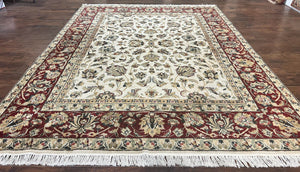Indo Persian Rug 8x10, Wool Hand Knotted Vintage Carpet, Ivory Maroon, 8 x 10 Traditional Oriental Rug, Floral Allover Rug
