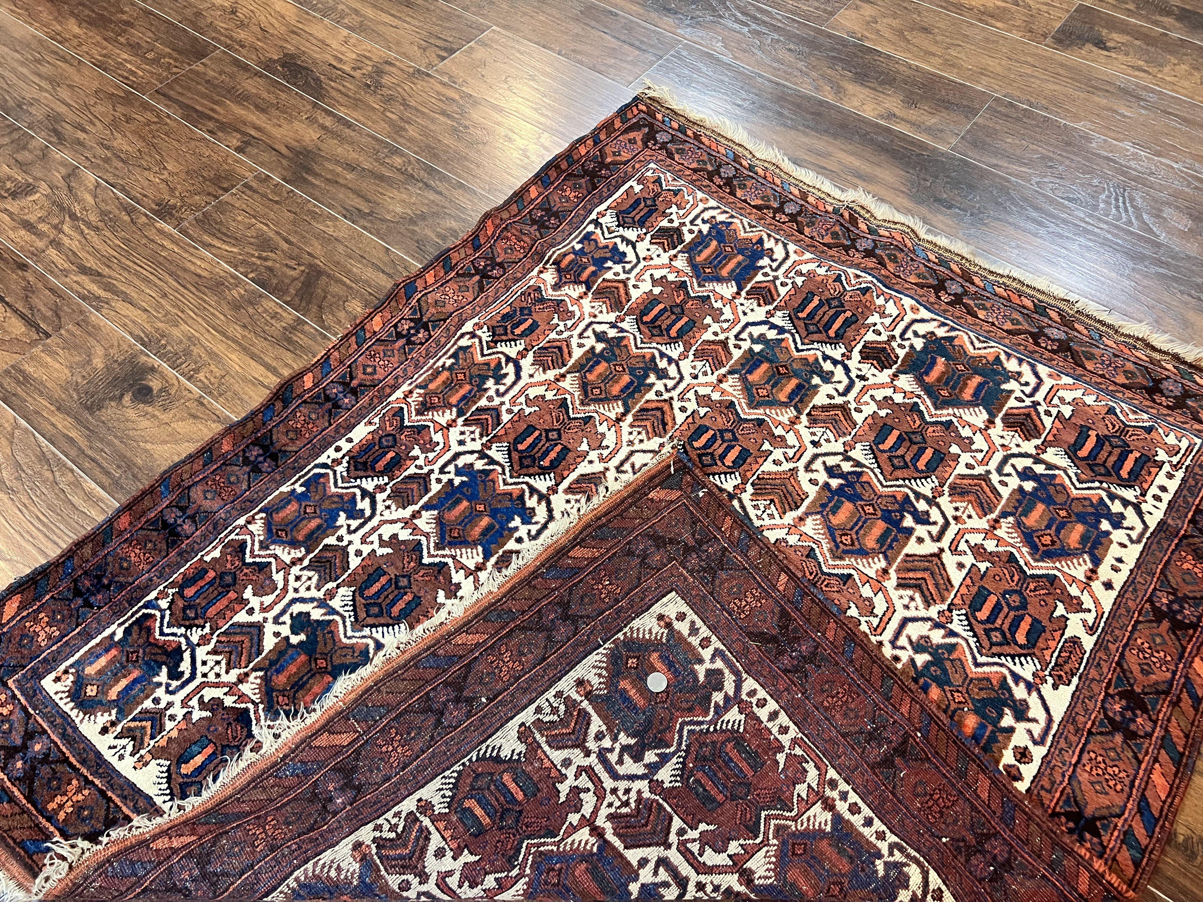 Persian Afshar Rug 4x5, Repeated Motif, Ivory & Burgundy, Wool Tribal Oriental Carpet, Handmade Vintage Semi Antique Medium Sized Rug - Jewel Rugs